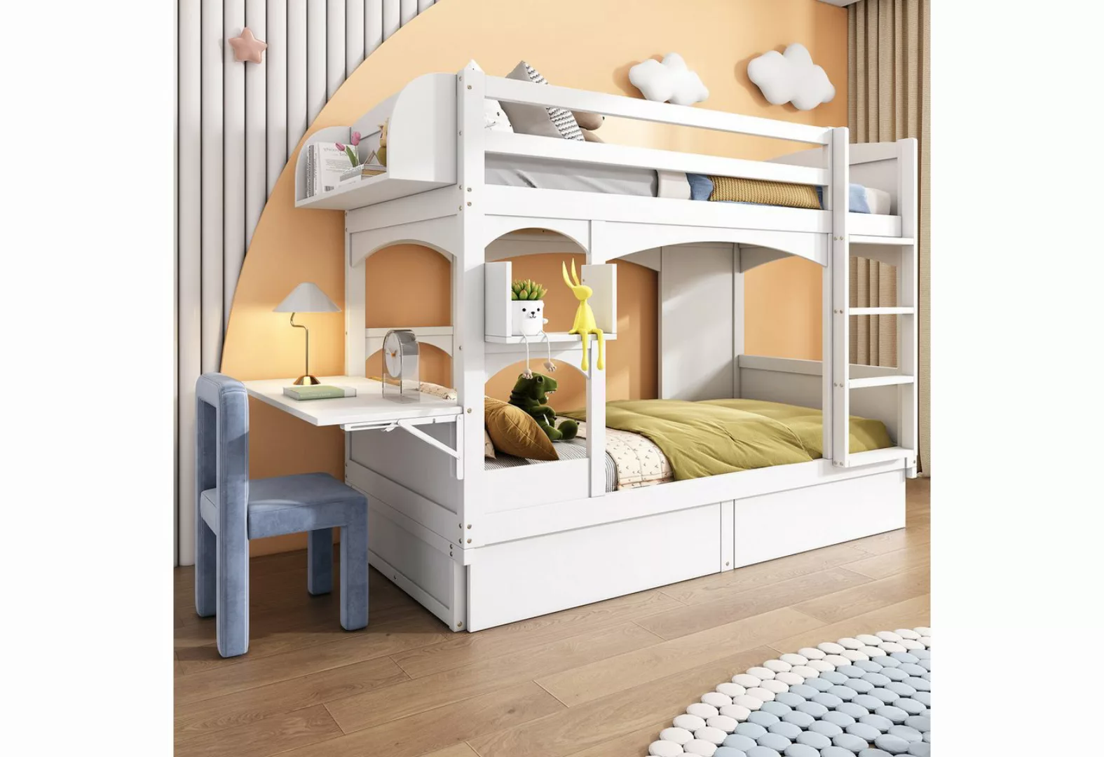 Ulife Etagenbett 2-Kinder-Bett mit klappbarem Schreibtisch Regal Leiter und günstig online kaufen