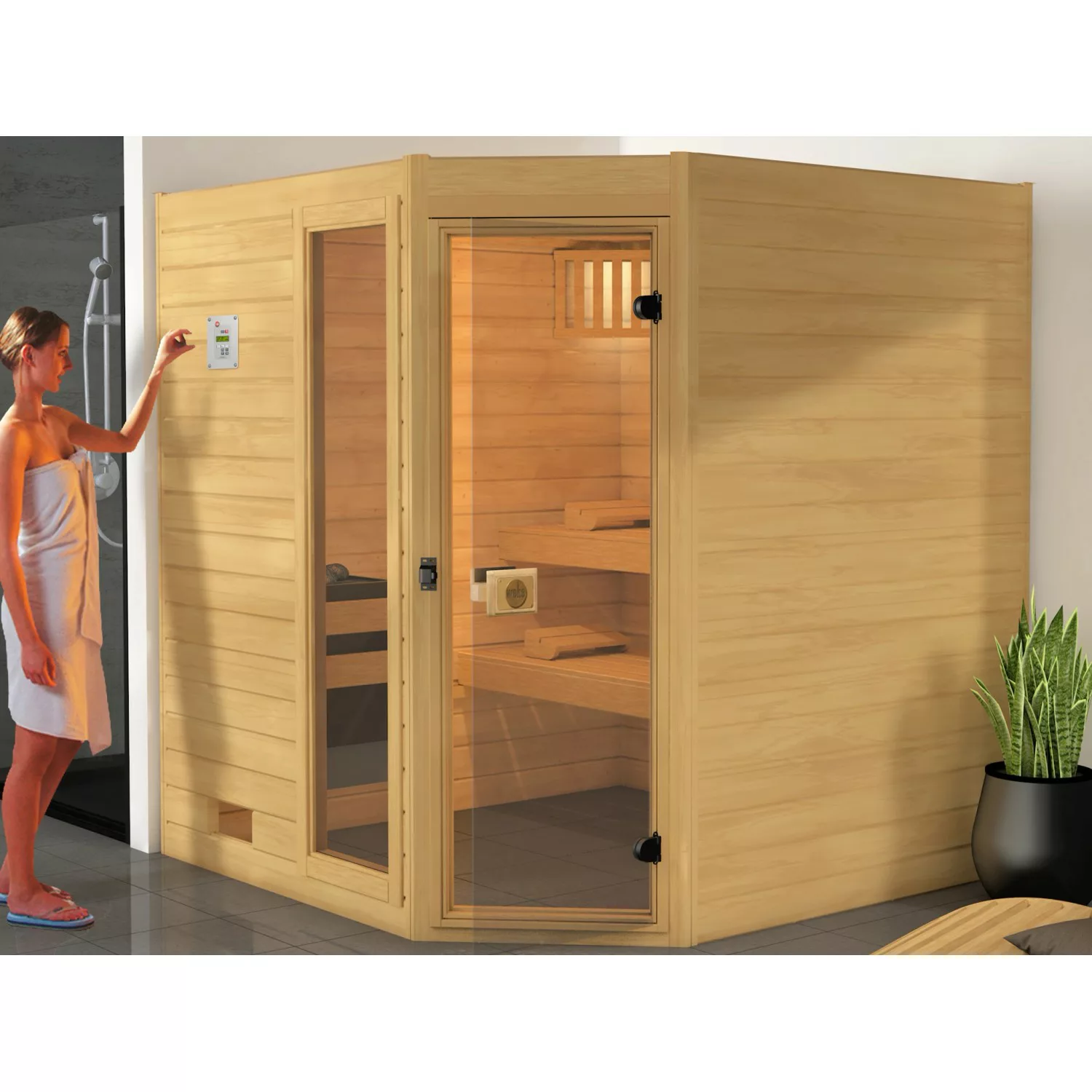 Weka Massivholzsauna 38 mm Valida Eck 3 mit Glastür und Fensterelement günstig online kaufen