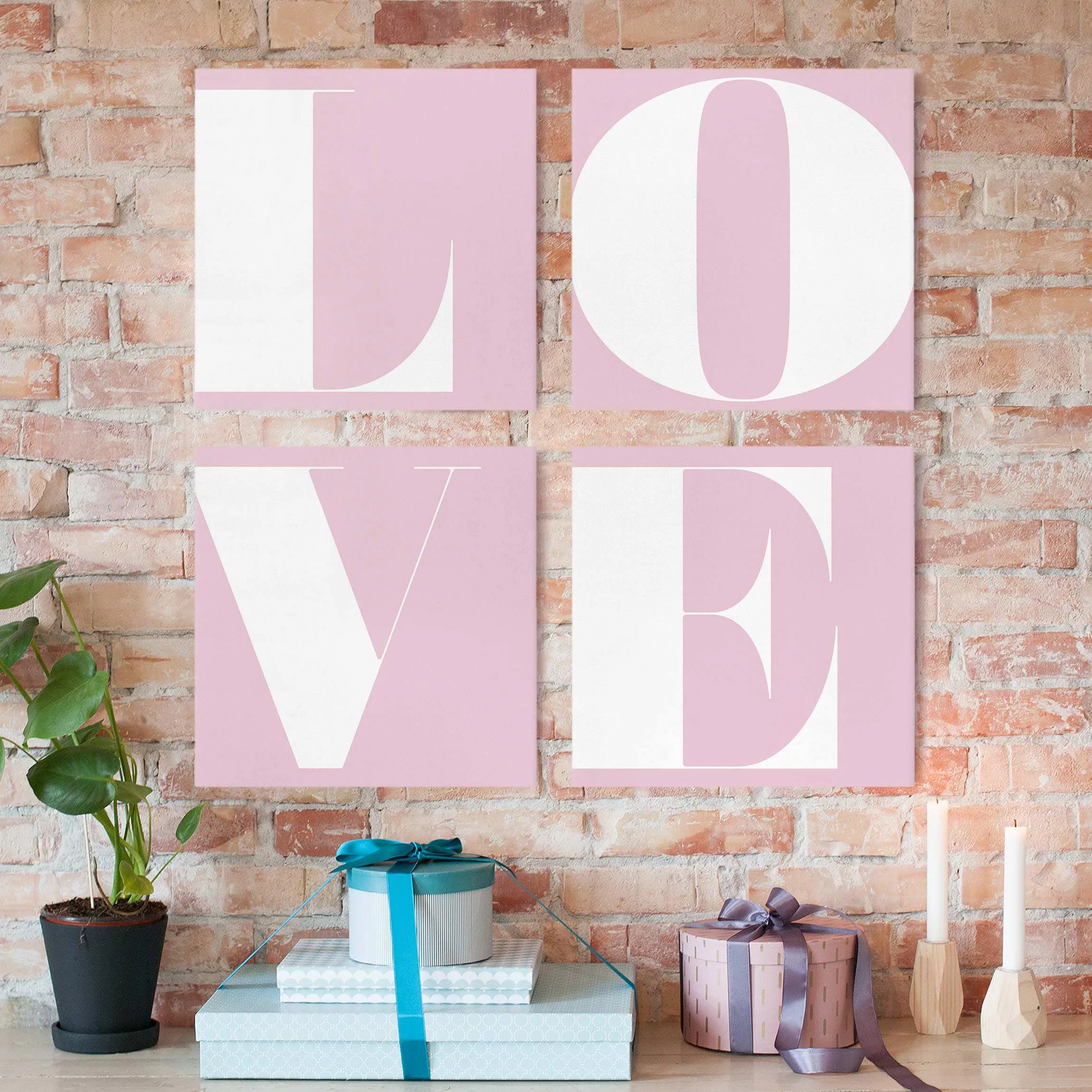 4-teiliges Leinwandbild Spruch - Quadrat Antiqua Letter Love Rosé günstig online kaufen