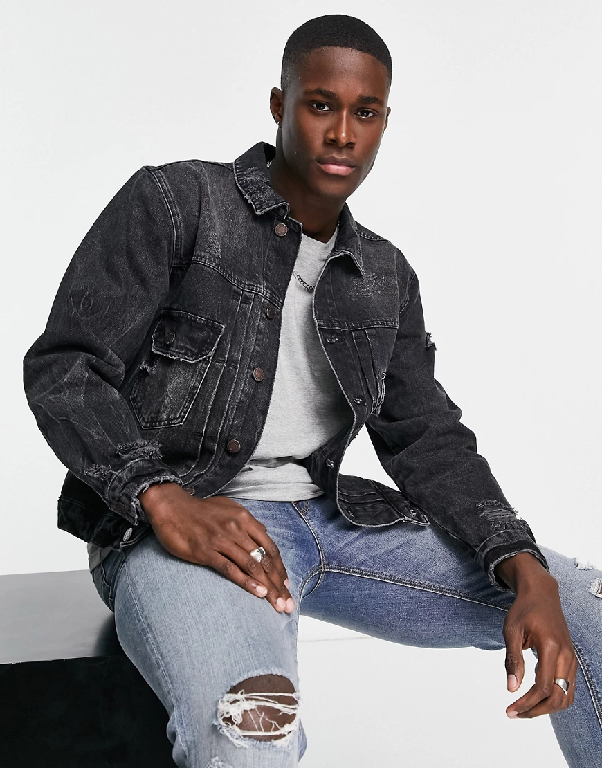 River Island – Kastige Jeansjacke in Schwarz günstig online kaufen