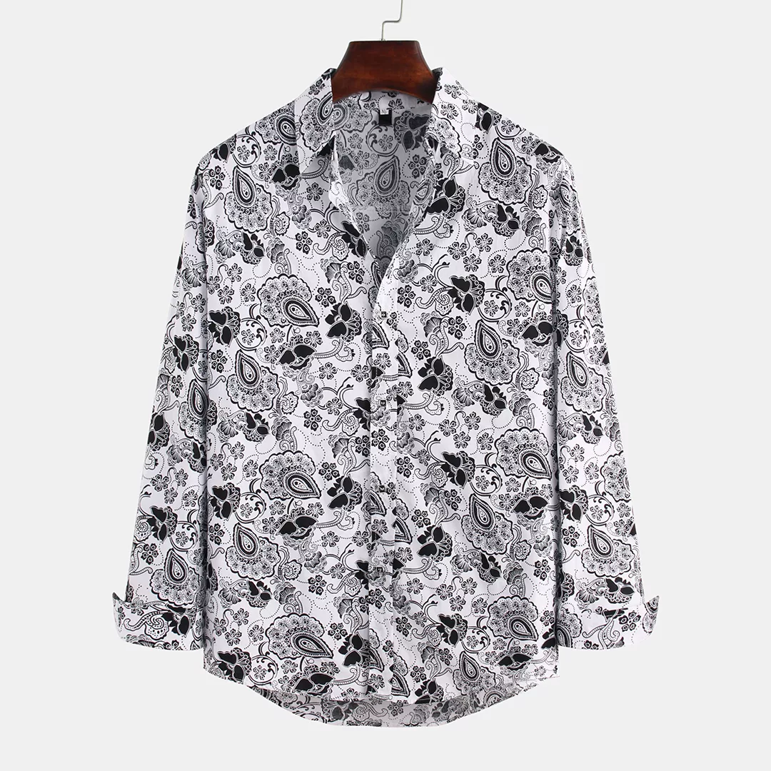 Mens Casual Fit nationalen Stil Langarm Revers Fashion Floral Shirt günstig online kaufen