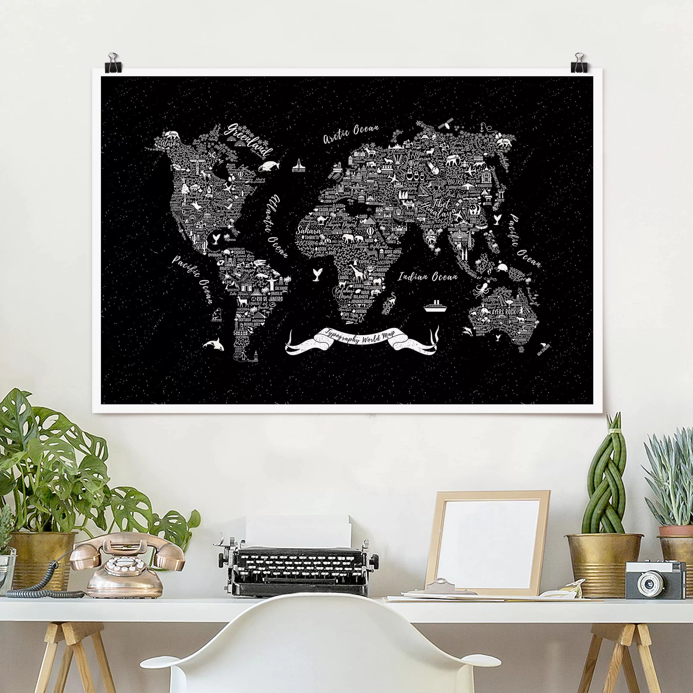 Poster Stadt-, Land- & Weltkarten - Querformat Typografie Weltkarte schwarz günstig online kaufen