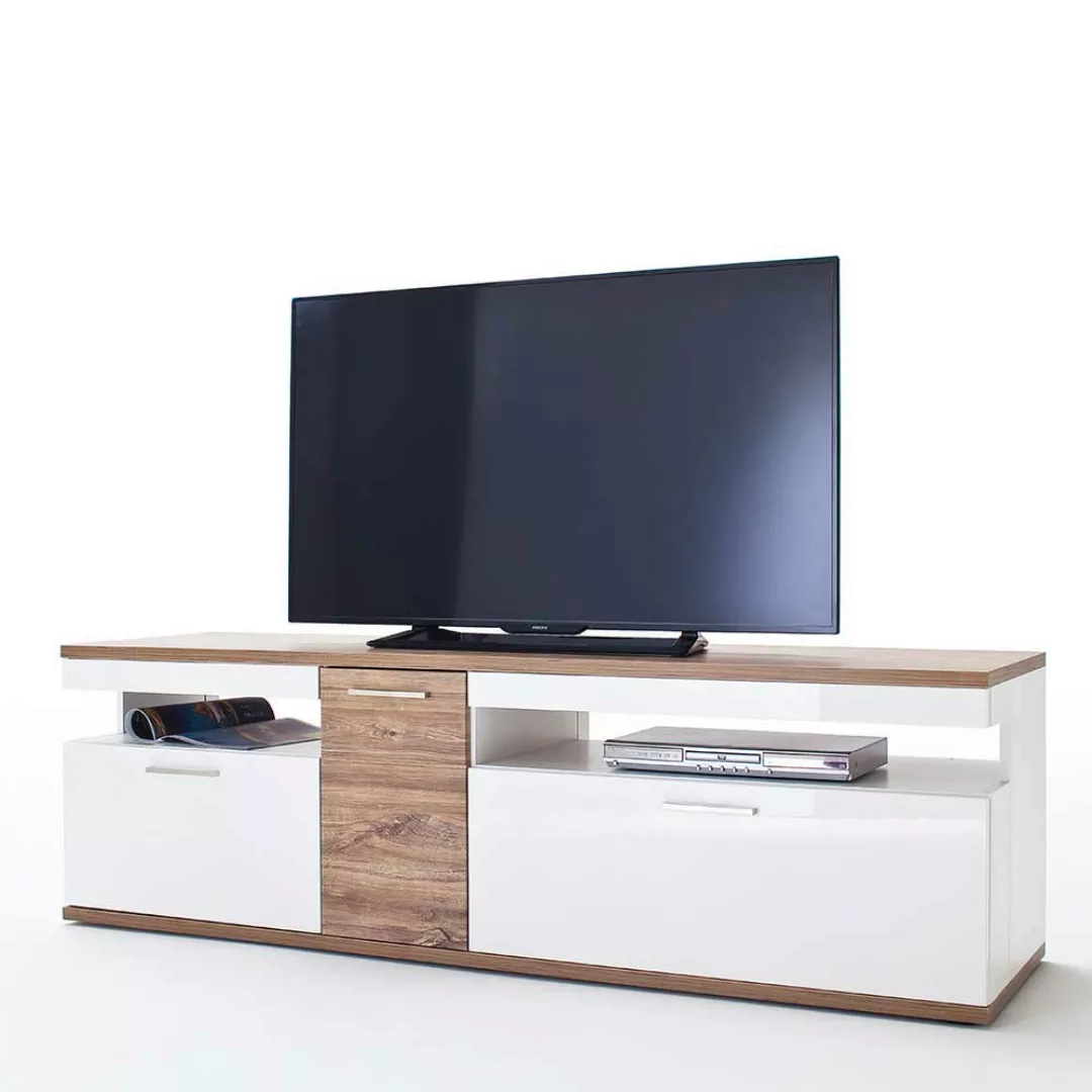 TV Lowboard in Weiß Hochglanz und Eiche Dekor 180 cm breit günstig online kaufen