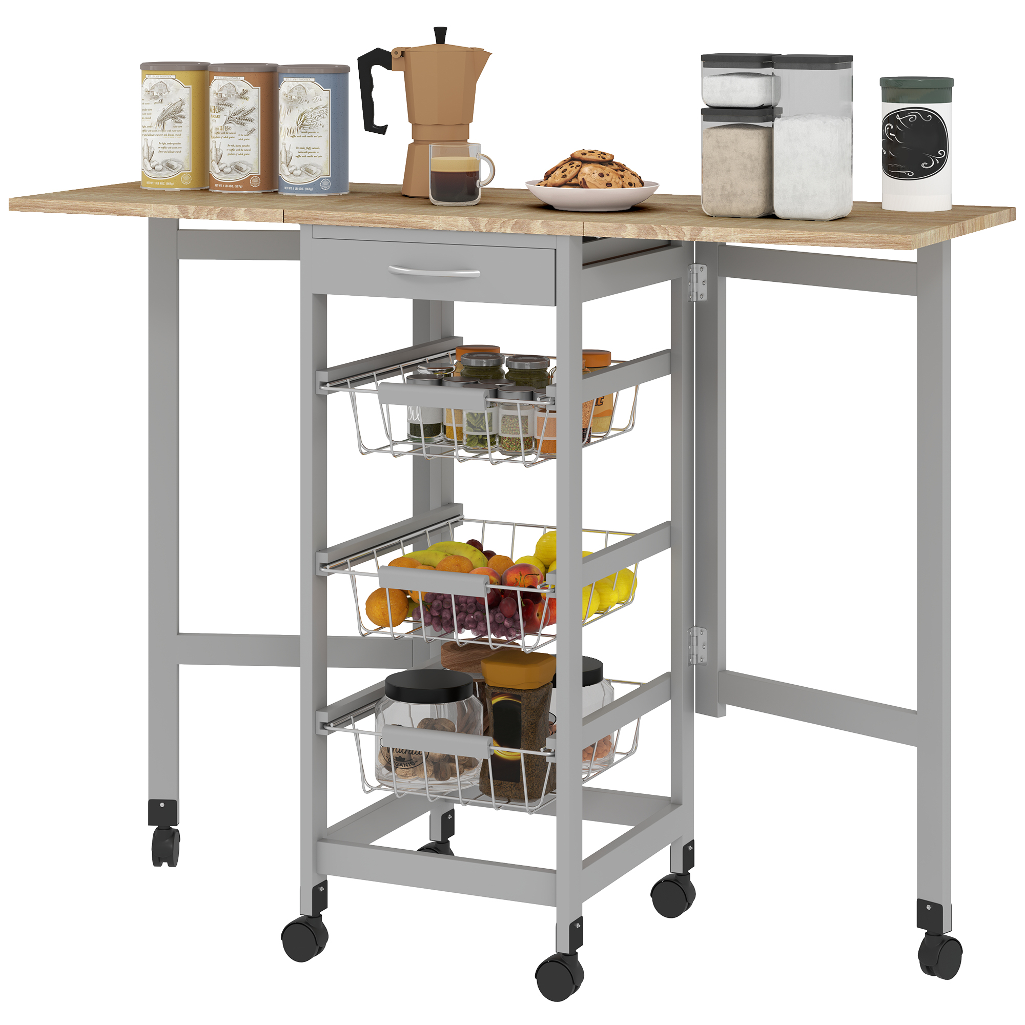 HOMCOM Küchenwagen mit 3 Körben, Schublade und 2 Klappen, aus Holz und Meta günstig online kaufen