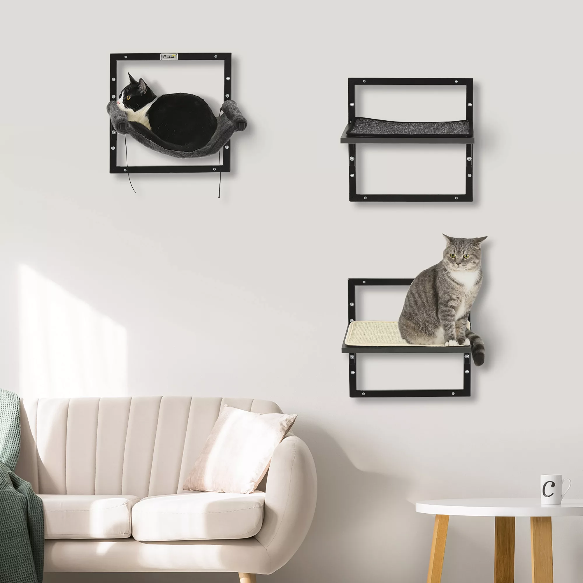 PawHut Katzen Kletterwand, 3-teilig, inkl. 2 x Plattformen, 1 x Hängematte, günstig online kaufen