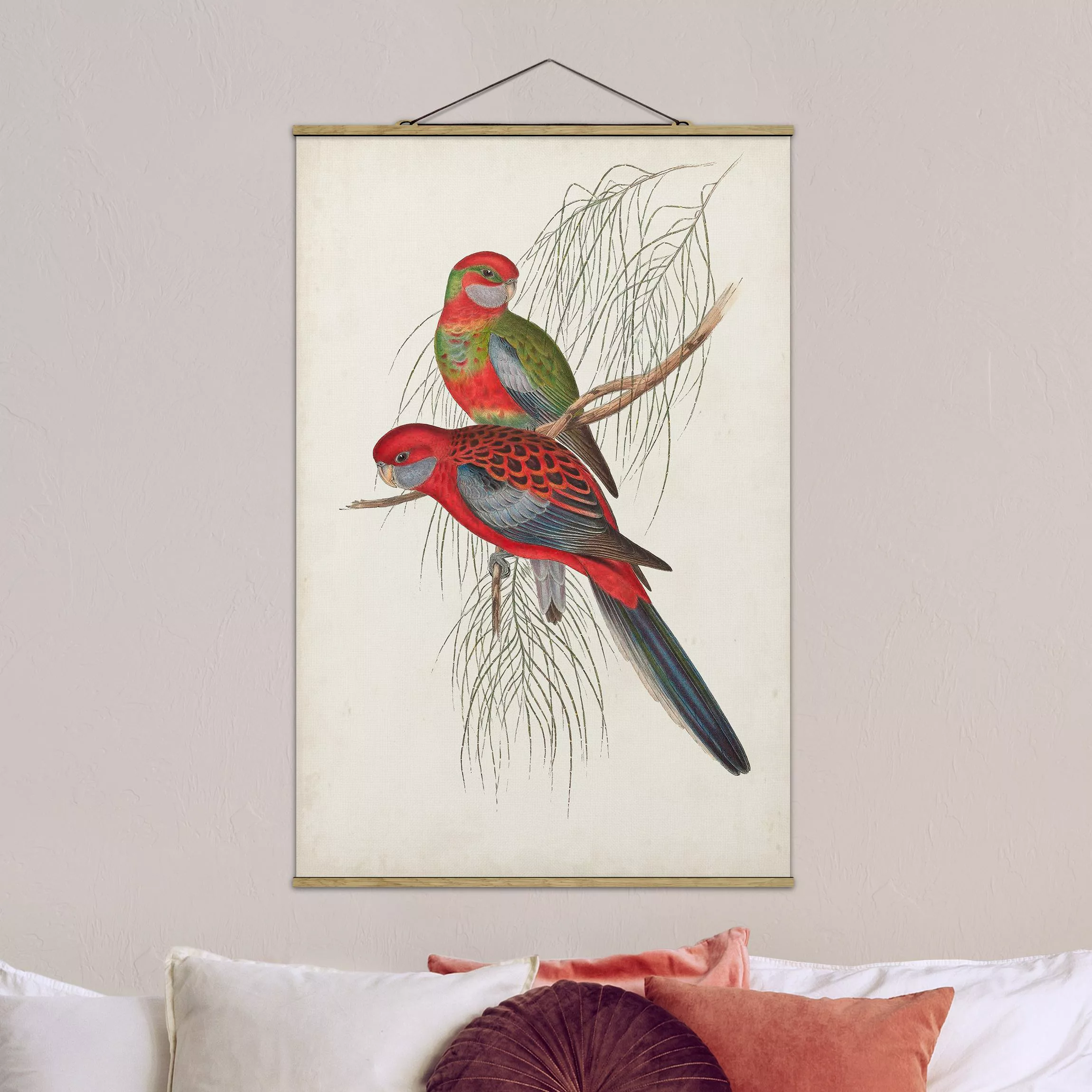 Stoffbild Tiere mit Posterleisten - Hochformat Tropische Papageien III günstig online kaufen