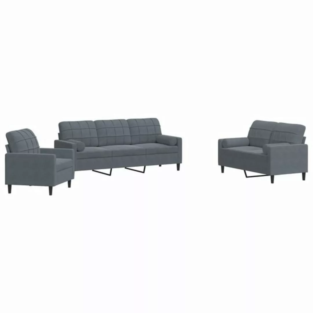 vidaXL Sofa 3-tlg. Sofagarnitur mit Kissen und Nackenrollen Dunkelgrau Samt günstig online kaufen