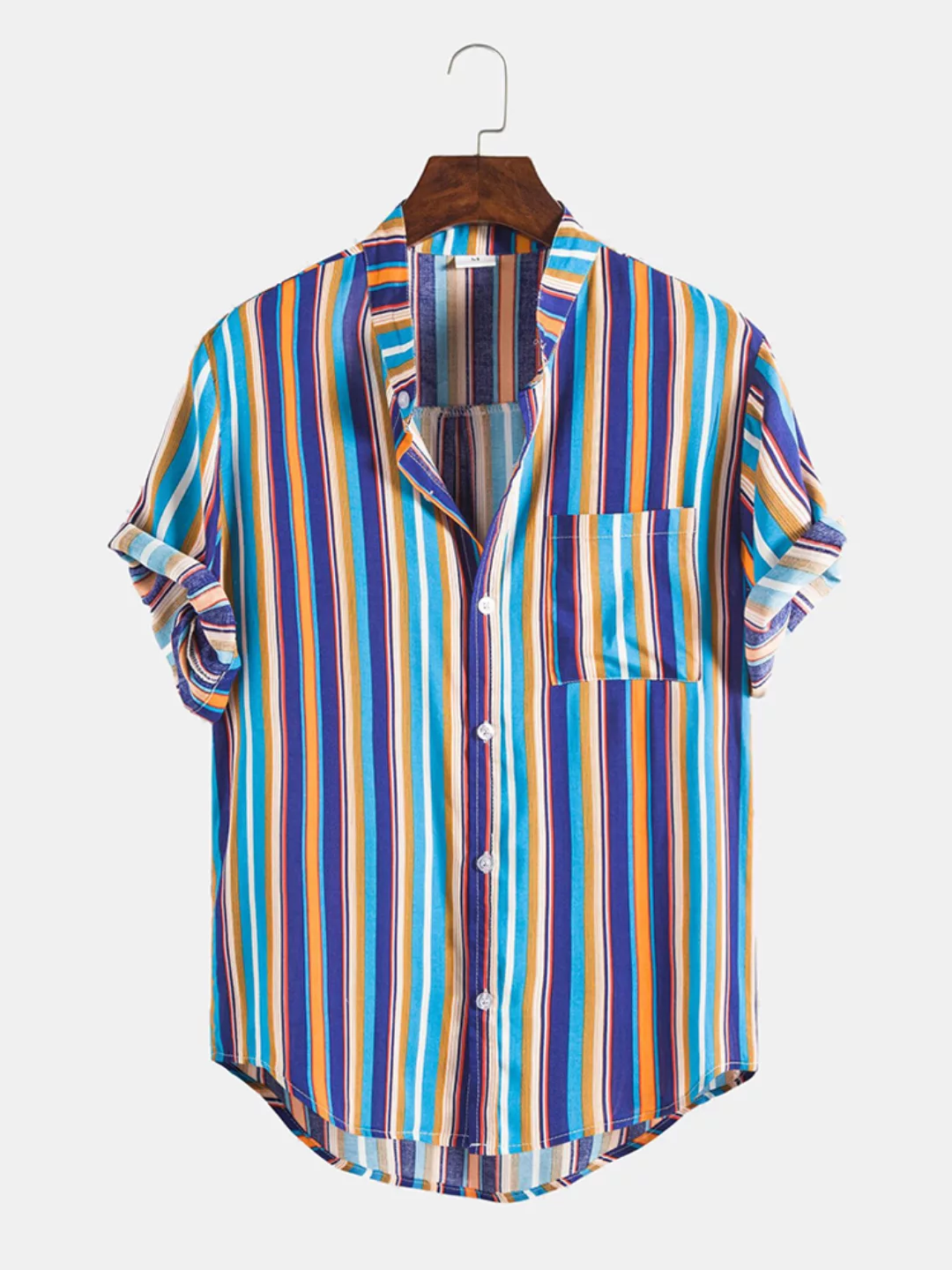 Herren Multi Color Striped Curved Hem Brusttasche Design Shirts günstig online kaufen