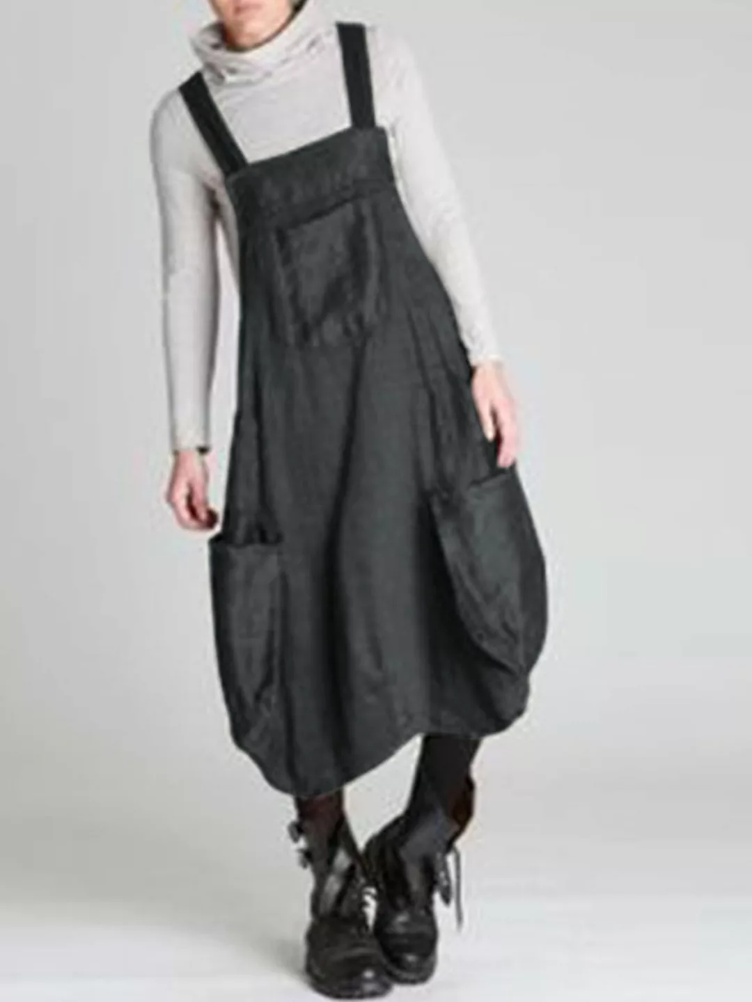 Vintage Straps Solid Color Loose Kleid Mit Taschen günstig online kaufen