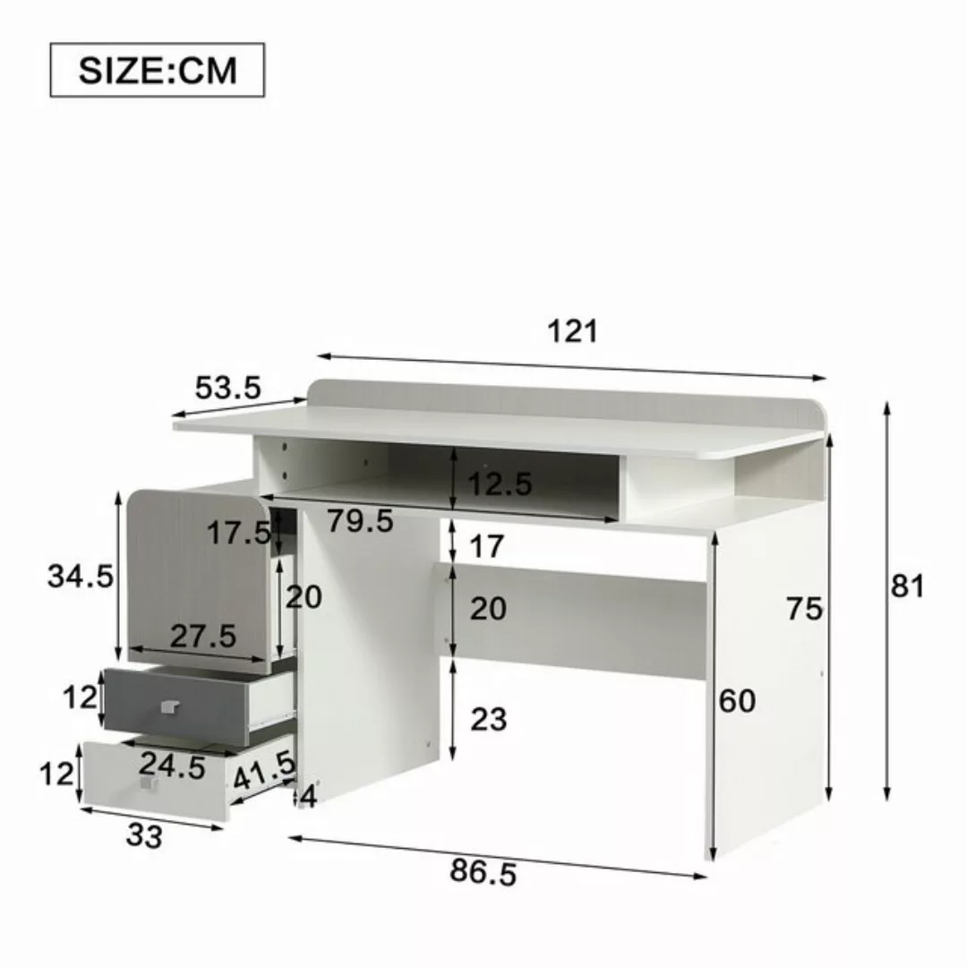 HAUSS SPLOE Holzbett Schreibtisch mit drei Schubladen MDF, Weiß, helle Ulme günstig online kaufen
