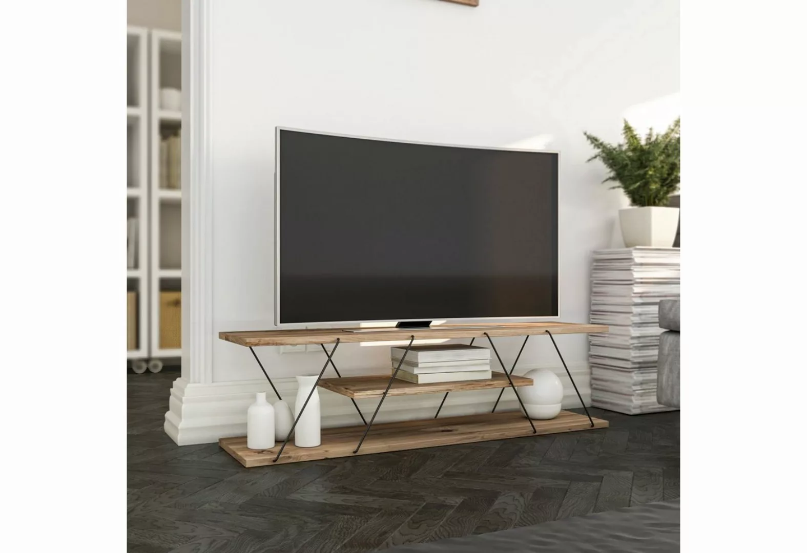 TV Möbel mit 2 Ablagen - Naturfarben & Schwarz - DELORY günstig online kaufen