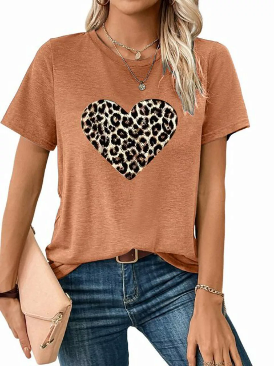 PYL Rundhalsshirt Damen Sommer Casual T-Shirt mit Leopardenherz Print Tee günstig online kaufen