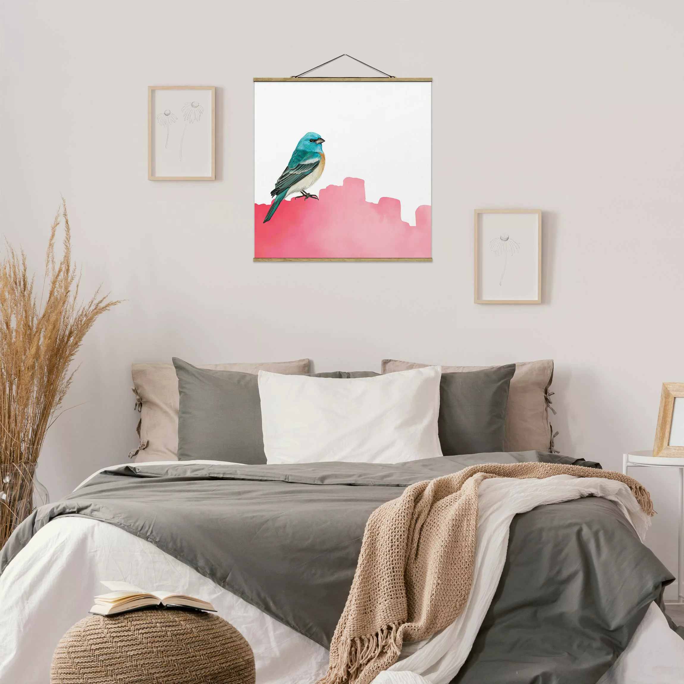 Stoffbild mit Posterleisten Vogel auf Pink günstig online kaufen