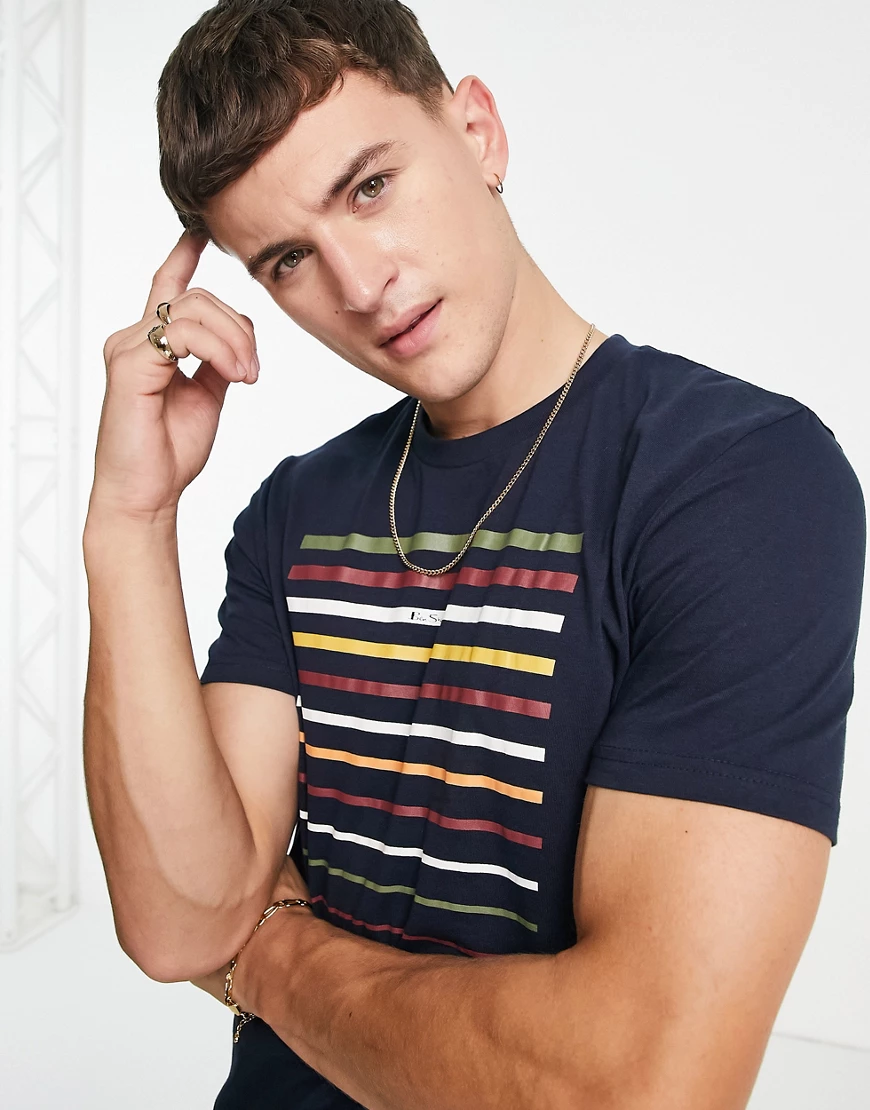 Ben Sherman – T-Shirt mit kurzem Schnitt und Streifen-Marineblau günstig online kaufen