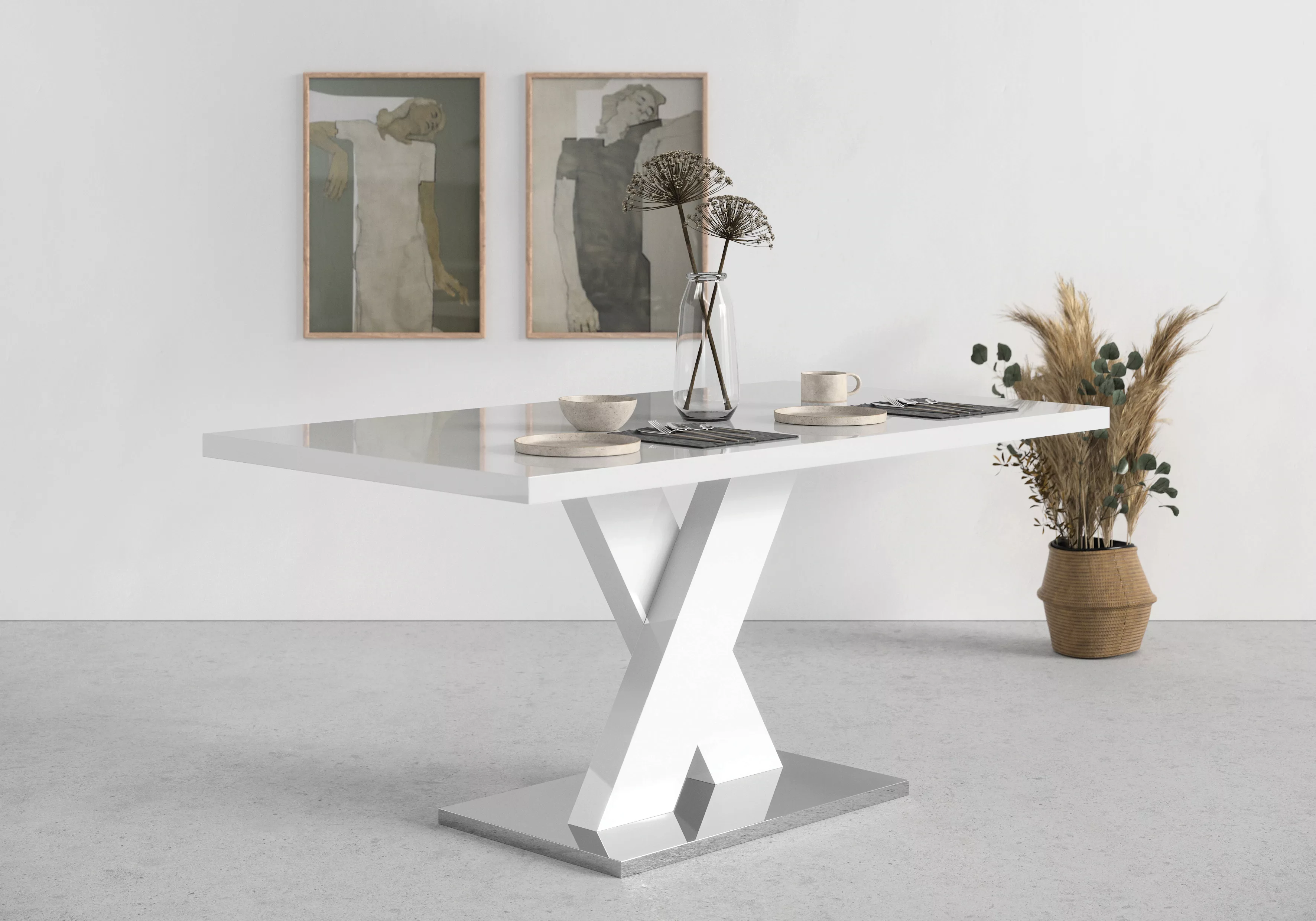 INOSIGN Esstisch »Ali«, Breite 160 cm, weiß Hochglanz, Bodenplatte aus Meta günstig online kaufen