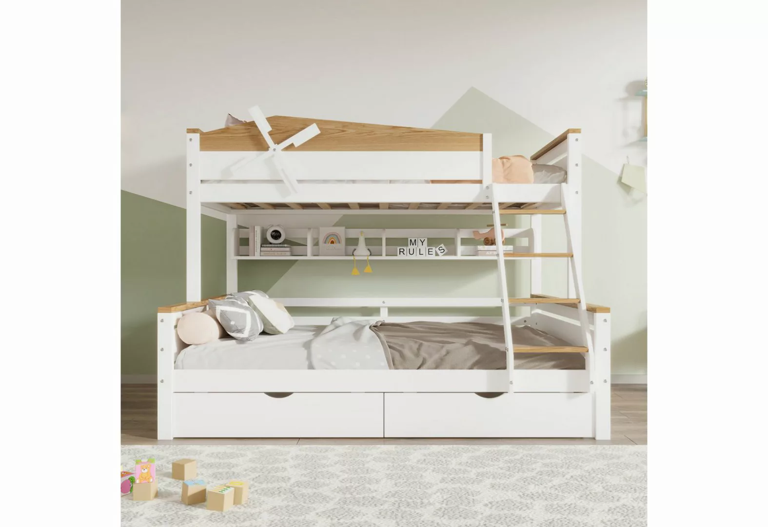 TavilaEcon Etagenbett Kinderbett Jugendbett mit Windmühle und Regalen, 90x2 günstig online kaufen