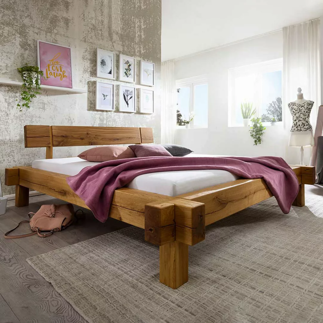 Balkenholzbett aus Wildeiche Massivholz rustikalen Landhaus Design günstig online kaufen