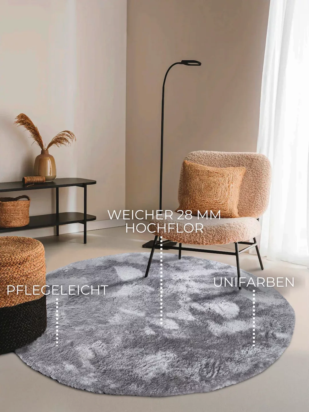 ELLE DECORATION Hochflor-Teppich »Calida«, rund, 28 mm Höhe, Langflor, Shag günstig online kaufen