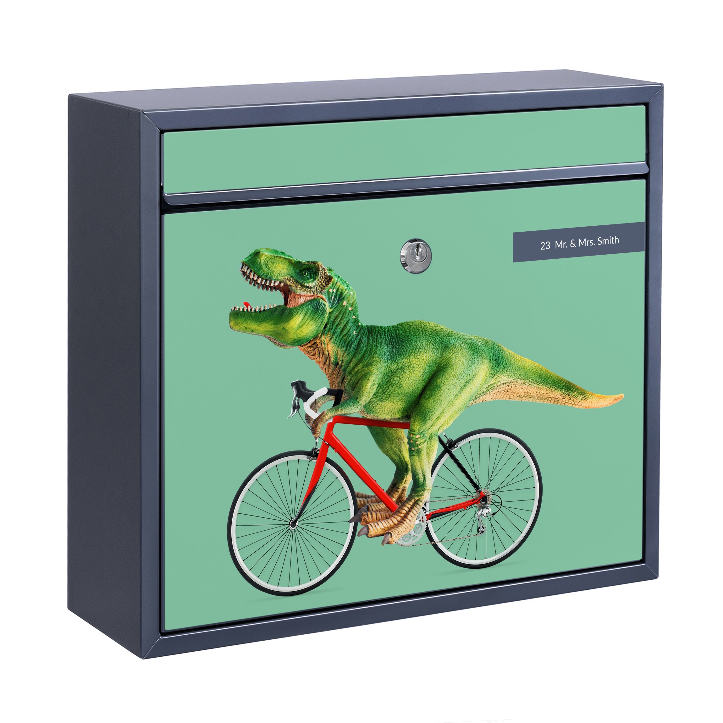 Briefkasten mit eigenem Text Dinosaurier mit Fahrrad günstig online kaufen