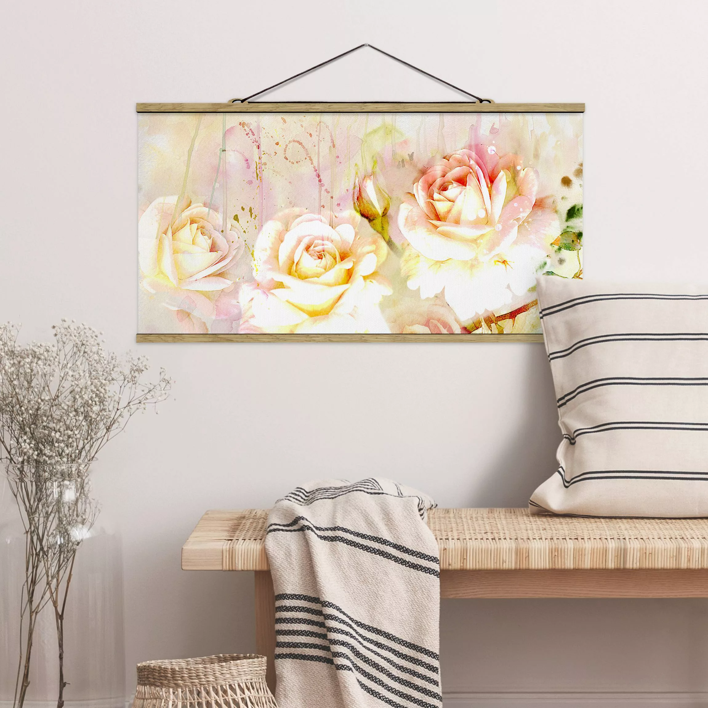 Stoffbild Blumen mit Posterleisten - Querformat Aquarell Blumen Rosen günstig online kaufen