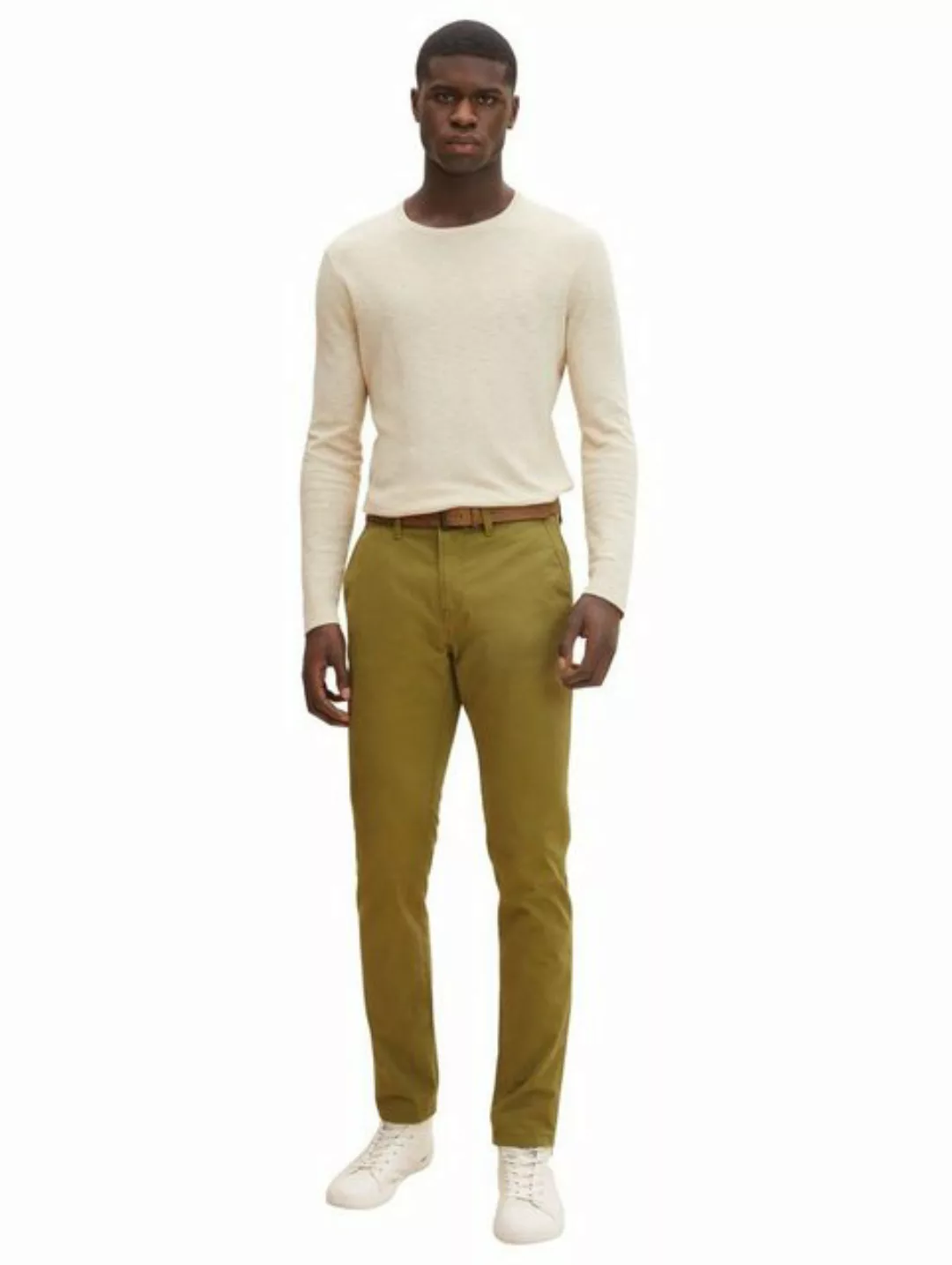 Tom Tailor Denim Herren Slim Chinohose mit Gürtel Beige - Grün - Slim Fit günstig online kaufen