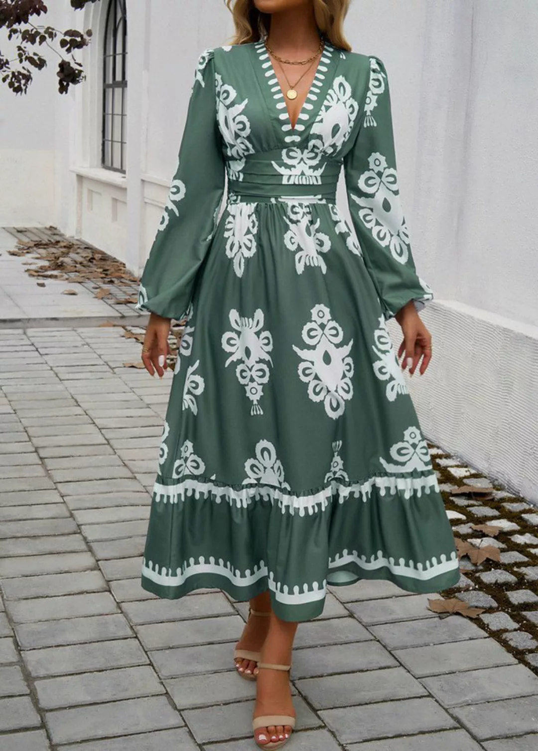 DEBAIJIA Dirndl Langärmeliges Kleid Damen Bedrucktes V-Ausschnitt Freizeit günstig online kaufen