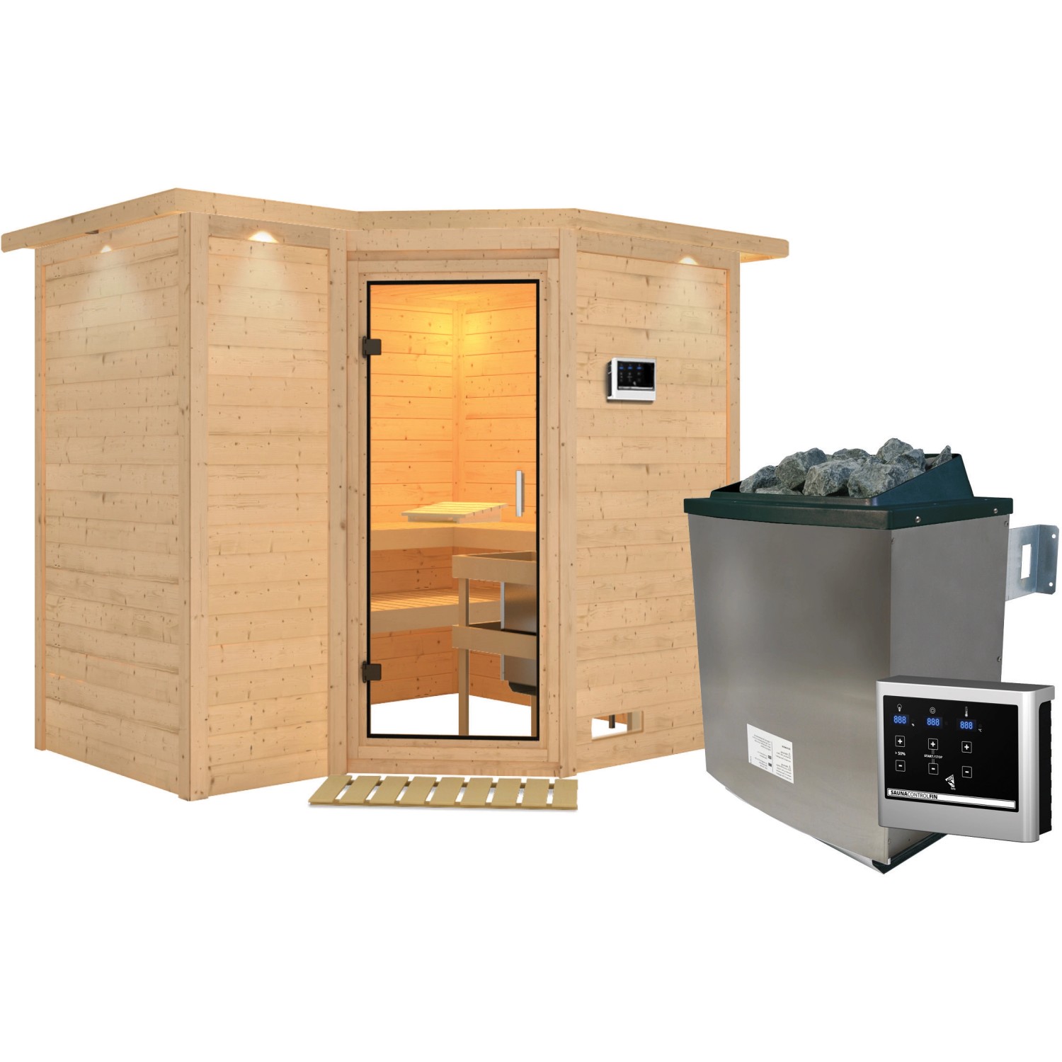 Karibu Sauna Steena 2 mit Ofen externe Stg.Easy LED-Dachkranz Natur günstig online kaufen