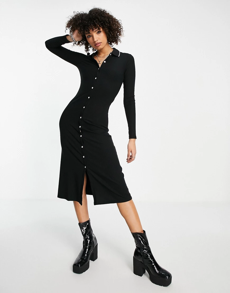 Topshop – Hochwertiges, geripptes Kleid in Schwarz mit Säulenschnitt und Kr günstig online kaufen