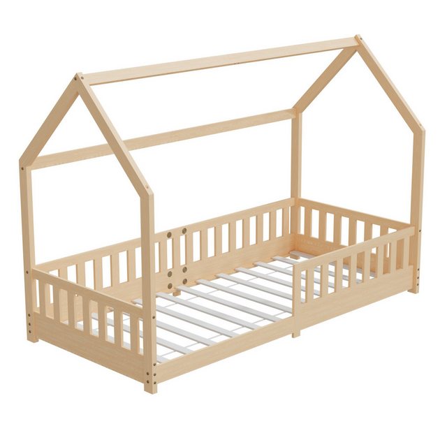 HAGO Kinderbett 90x200cm Natur Hausbett Dach Rausfallschutz Massivholz Kief günstig online kaufen