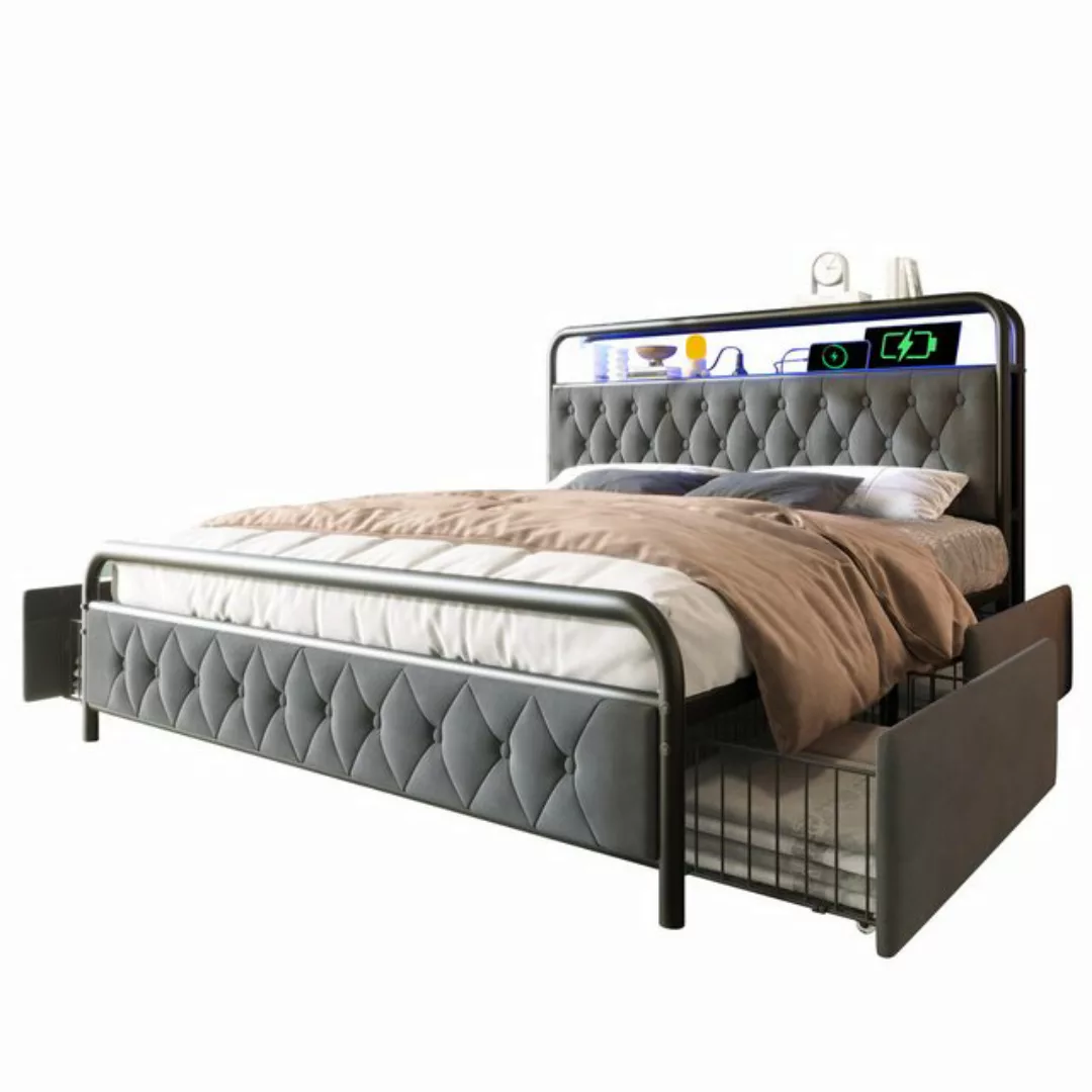 Flieks Metallbett, LED Polsterbett Doppelbett 160x200cm mit Ladenfunktion + günstig online kaufen