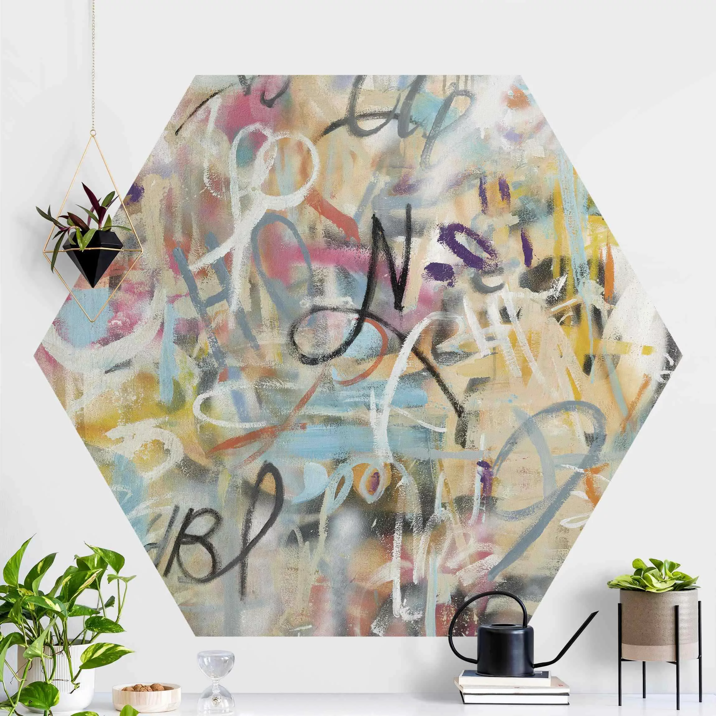 Hexagon Mustertapete selbstklebend Graffiti Freedom in Pastell günstig online kaufen