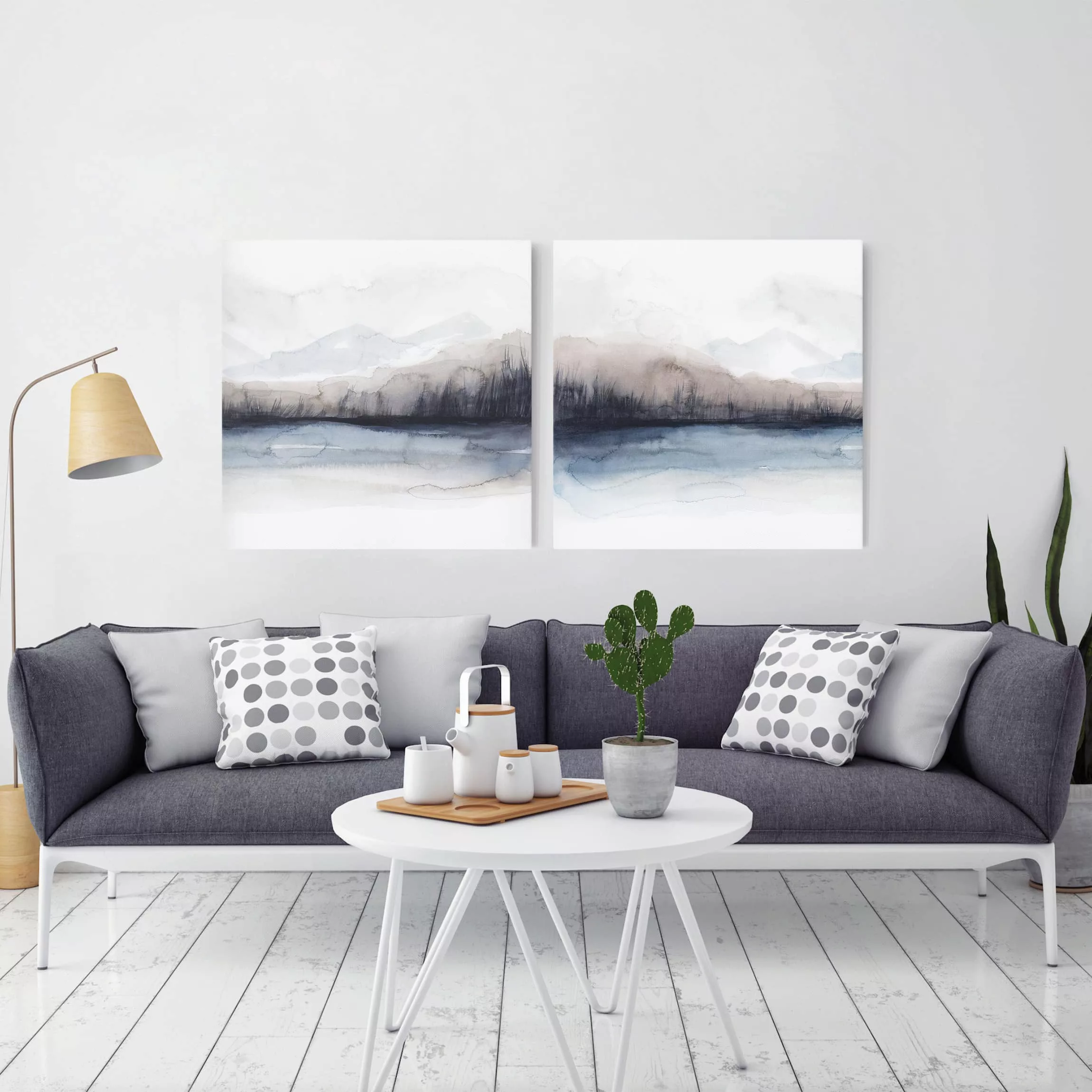 2-teiliges Leinwandbild Abstrakt Seeufer mit Bergen Set I günstig online kaufen
