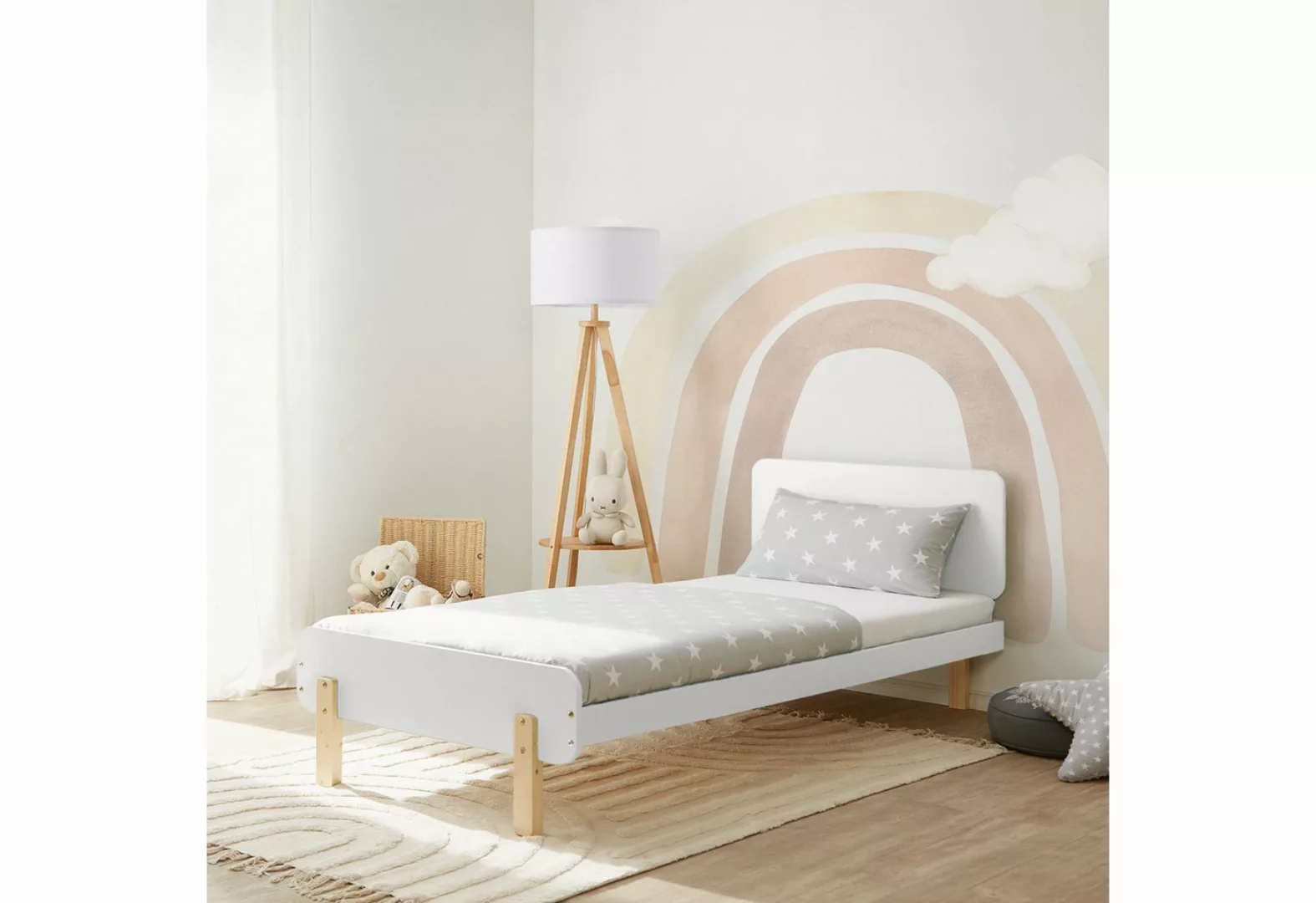 Homestyle4u Holzbett Kinderbett 90x200 cm Einzelbett Jugendbett Holzfüße Gä günstig online kaufen