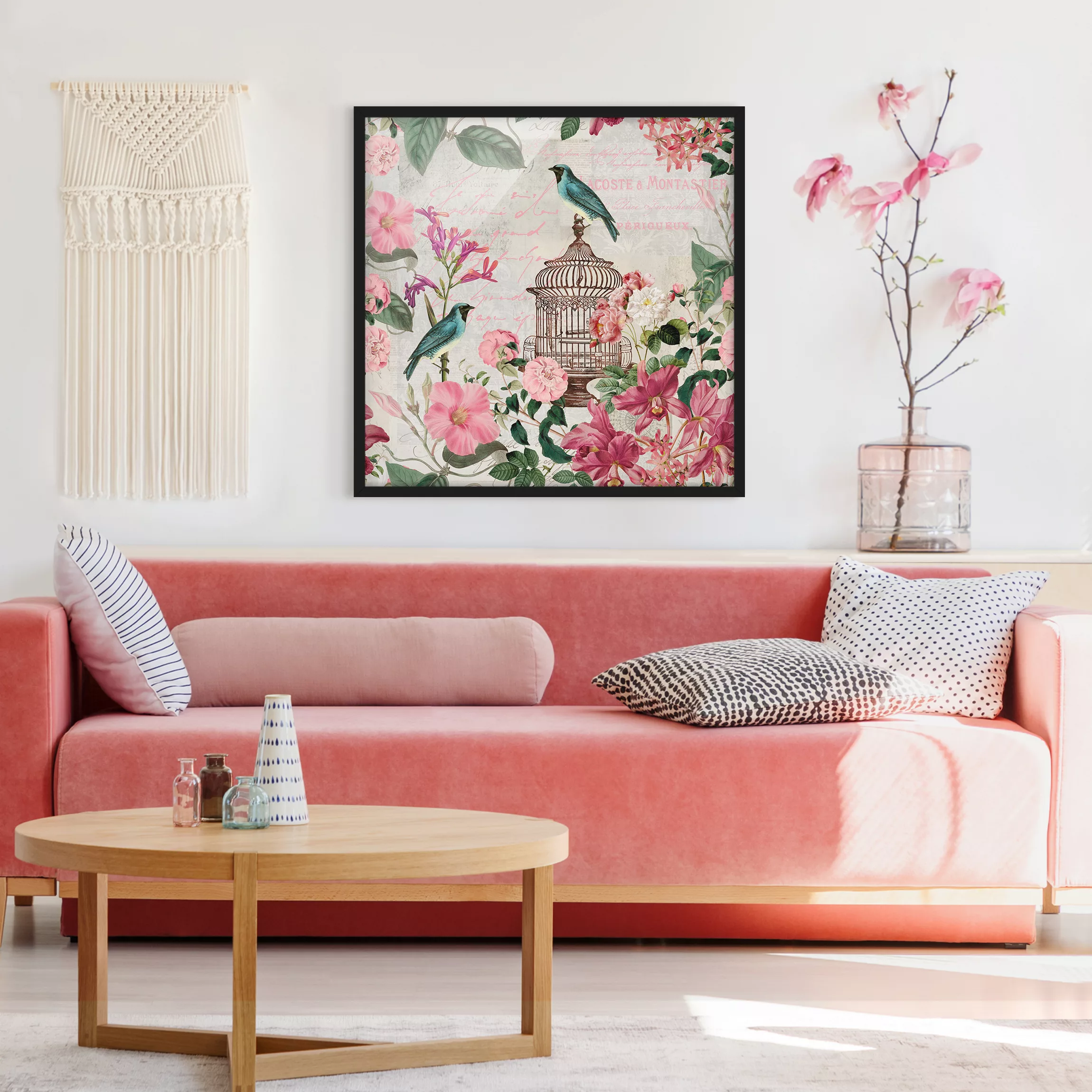 Bild mit Rahmen Tiere - Quadrat Shabby Chic Collage - Rosa Blüten und blaue günstig online kaufen