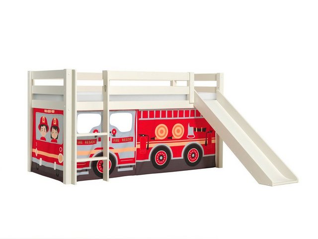 Natur24 Kinderbett Halbhohes Bett Pino mit Rutsche und Textilset Feuerwehr günstig online kaufen