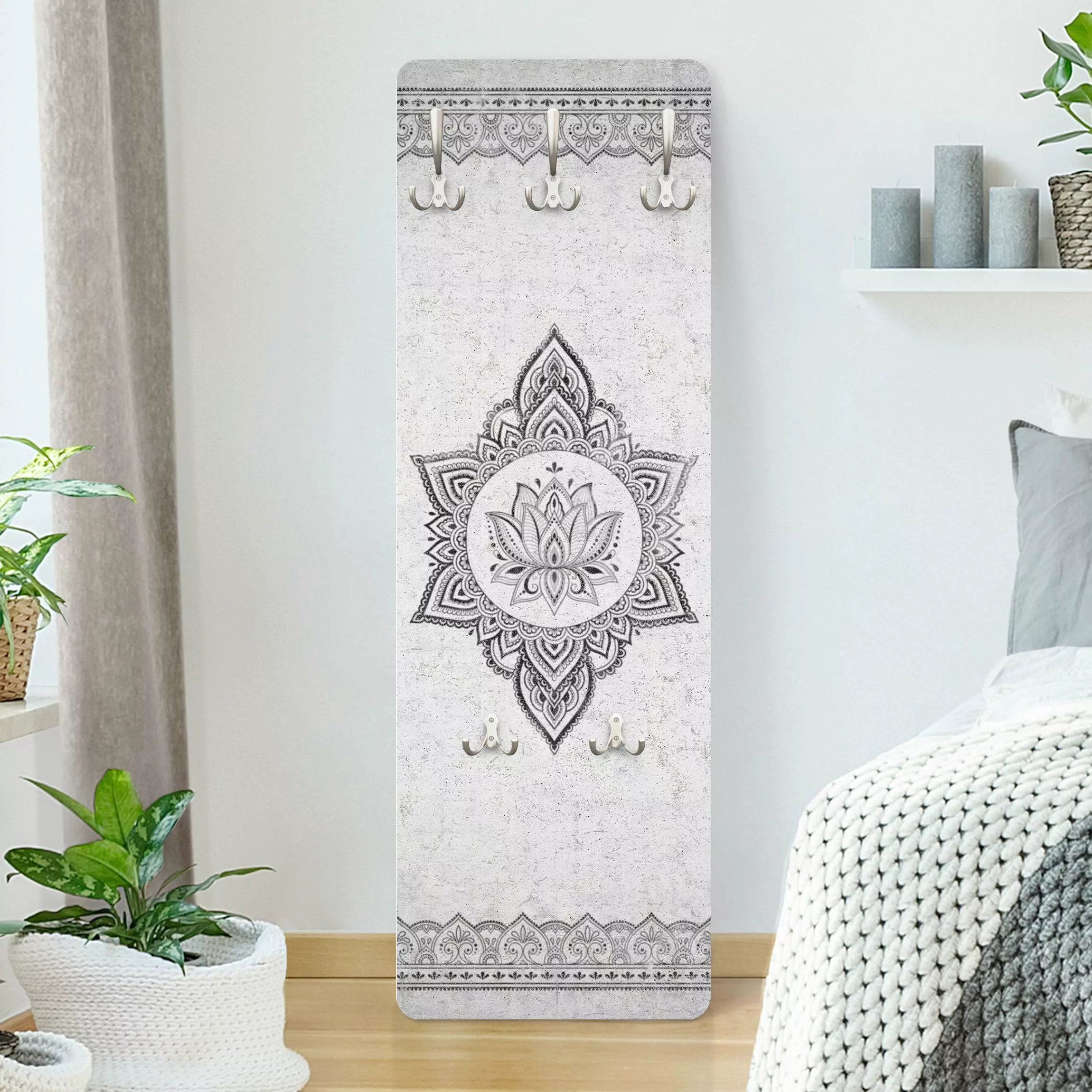 Wandgarderobe Holzpaneel Mandala Lotus Betonoptik günstig online kaufen