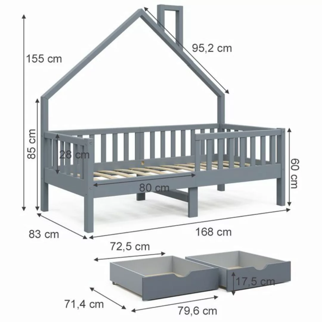 VitaliSpa® Hausbett Kinderbett Spielbett Noemi 80x160cm Anthrazit Schublade günstig online kaufen
