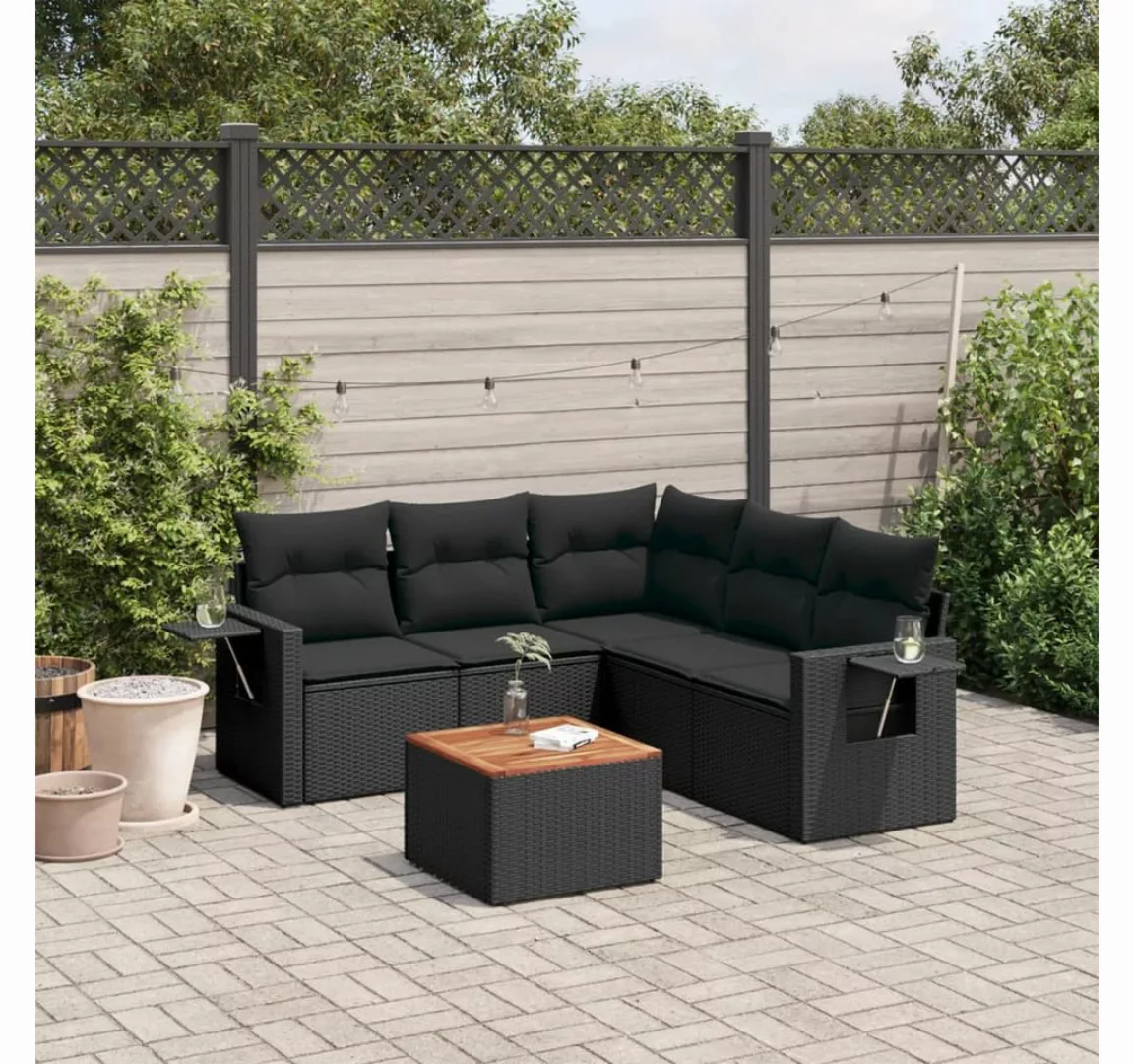 vidaXL Loungesofa 6-tlg. Garten-Sofagarnitur mit Kissen Schwarz Poly Rattan günstig online kaufen