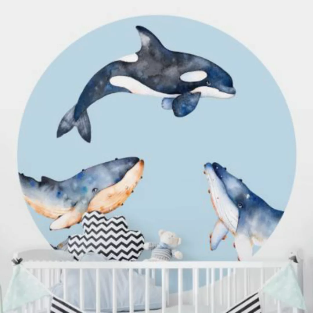 Bilderwelten Runde Tapete selbstklebend Illustrierte Wale als Aquarell blau günstig online kaufen