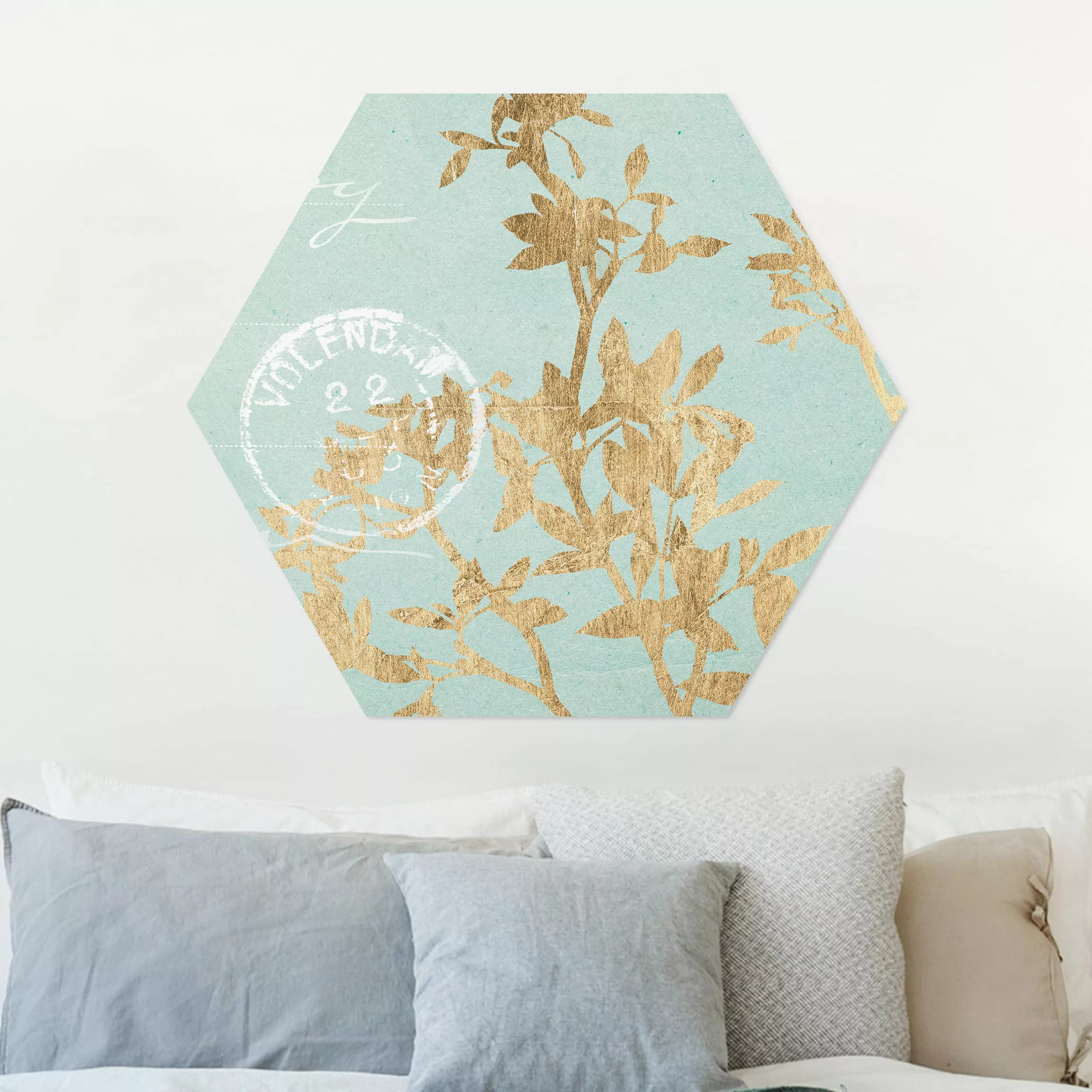 Hexagon-Alu-Dibond Bild Blumen Goldene Blätter auf Turquoise II günstig online kaufen