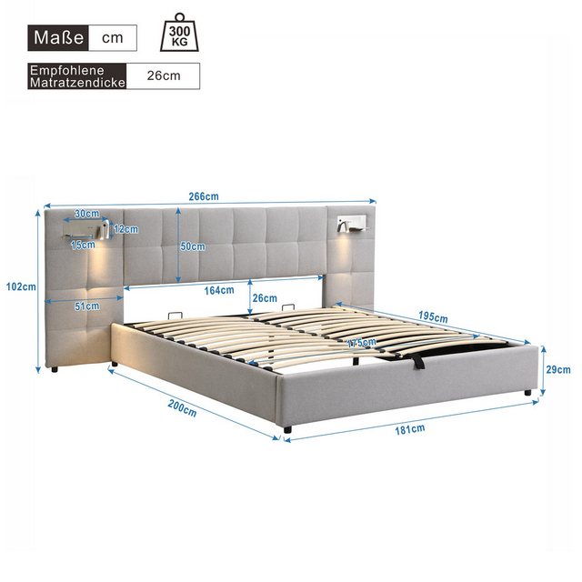 Flieks Polsterbett, Doppelbett 180x200cm mit hydraulischem Stauraum Leselic günstig online kaufen