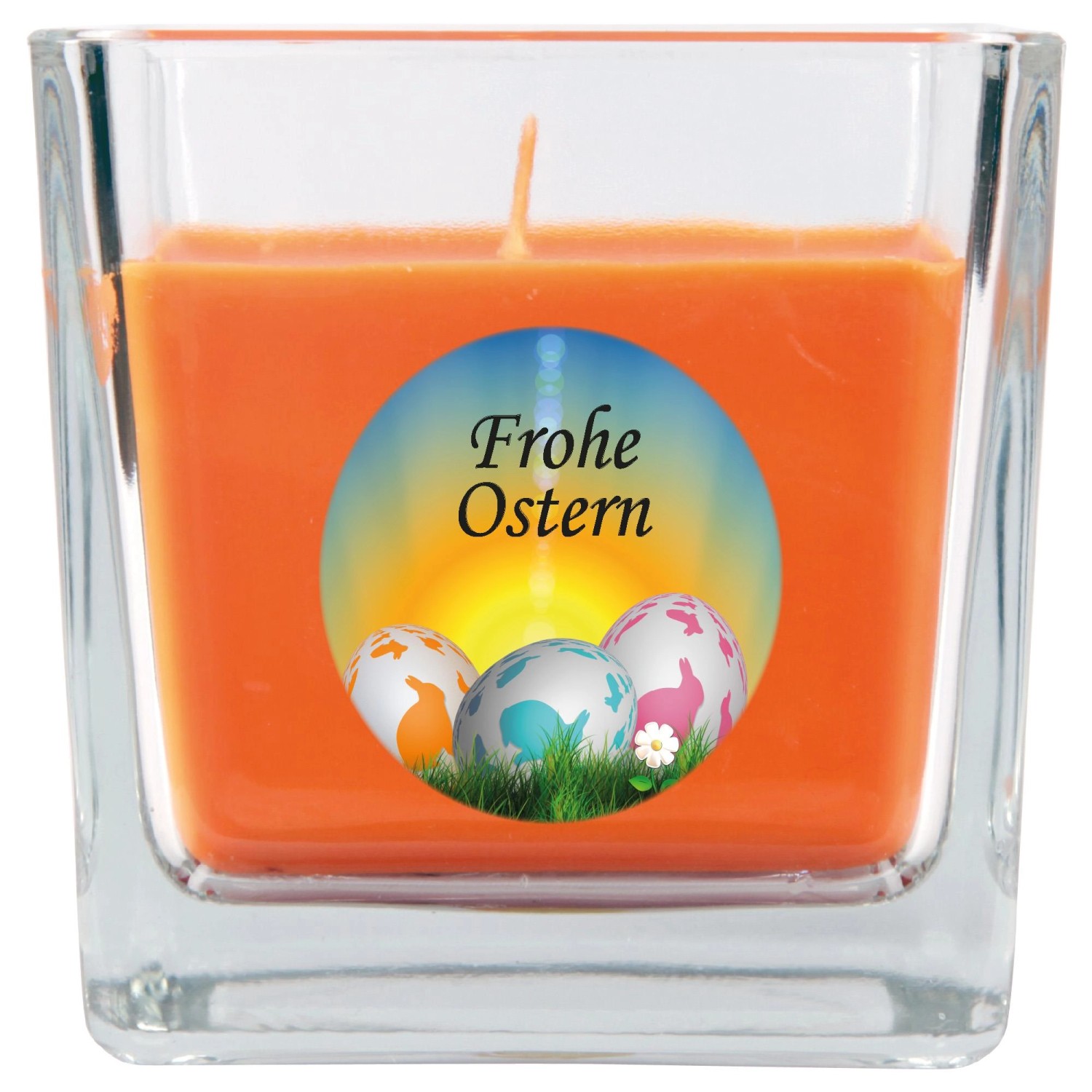 HS Candle Duftkerze & Glas Frohe Ostern Viereck 8 x 7,5cm Honigmelone Oster günstig online kaufen