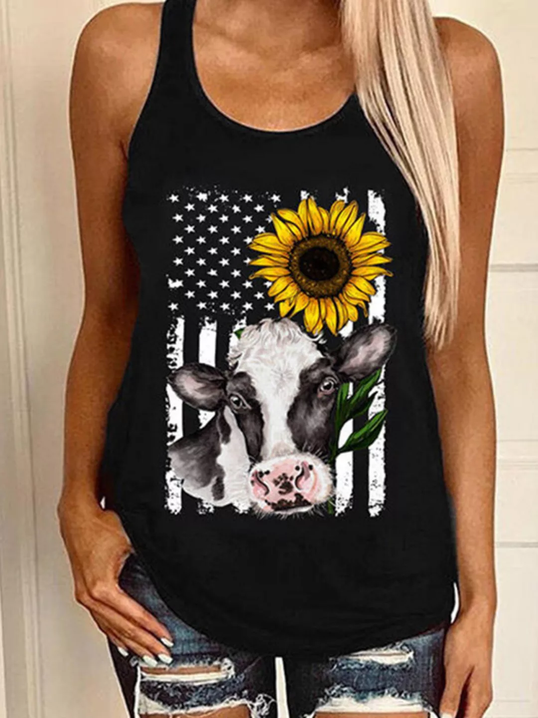 Gestreiftes lässiges Tanktop mit Sonnenblumendruck und O-Ausschnitt für Dam günstig online kaufen