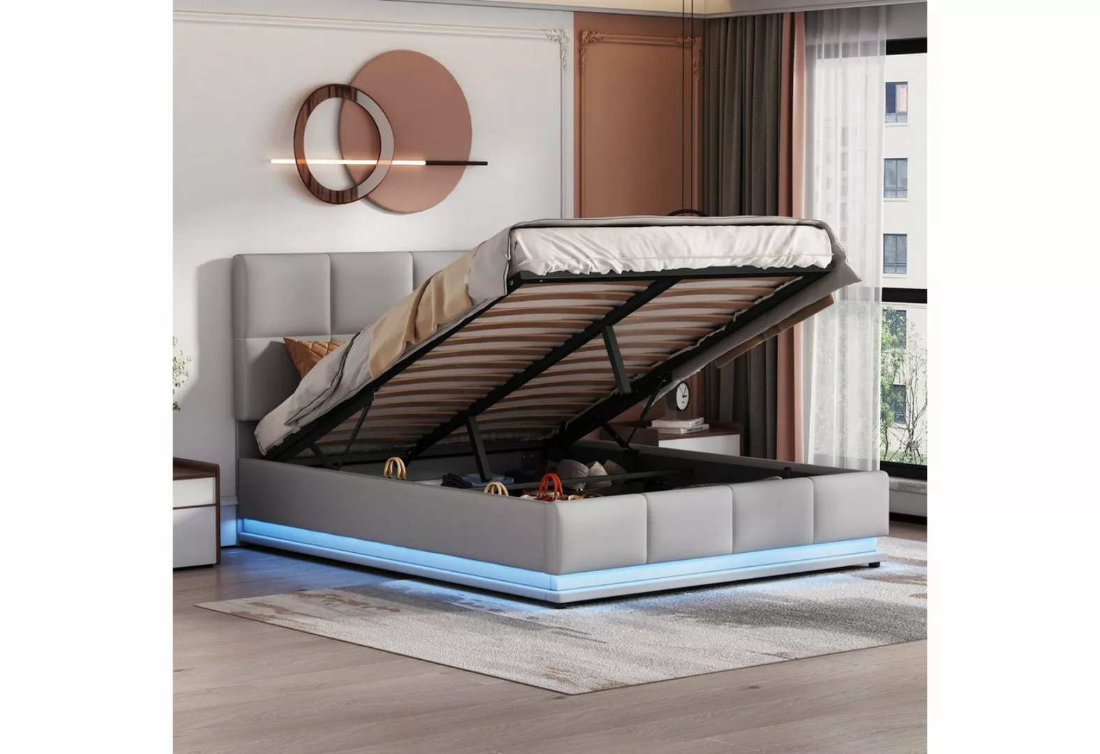 Merax Polsterbett mit LED-Beleuchtung, Lattenrost und Bettkasten, Bezug Kun günstig online kaufen