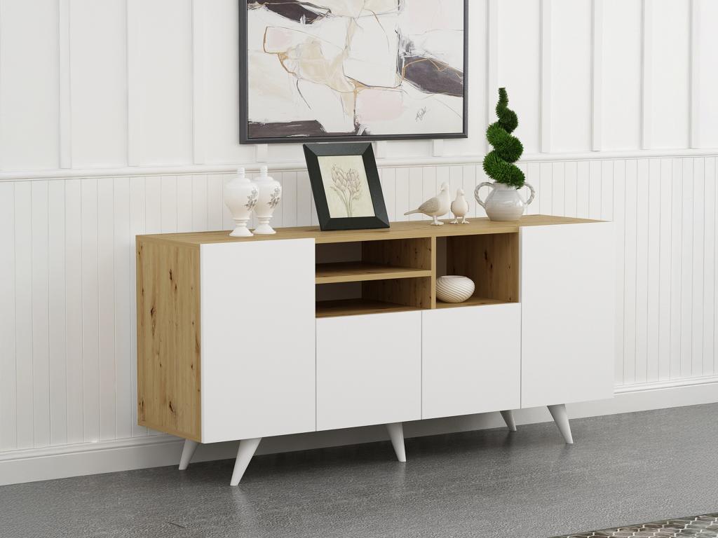 Sideboard mit 4 Türen & 3 Regalfächern - Weiß & Holzfarben - MOSTIA günstig online kaufen