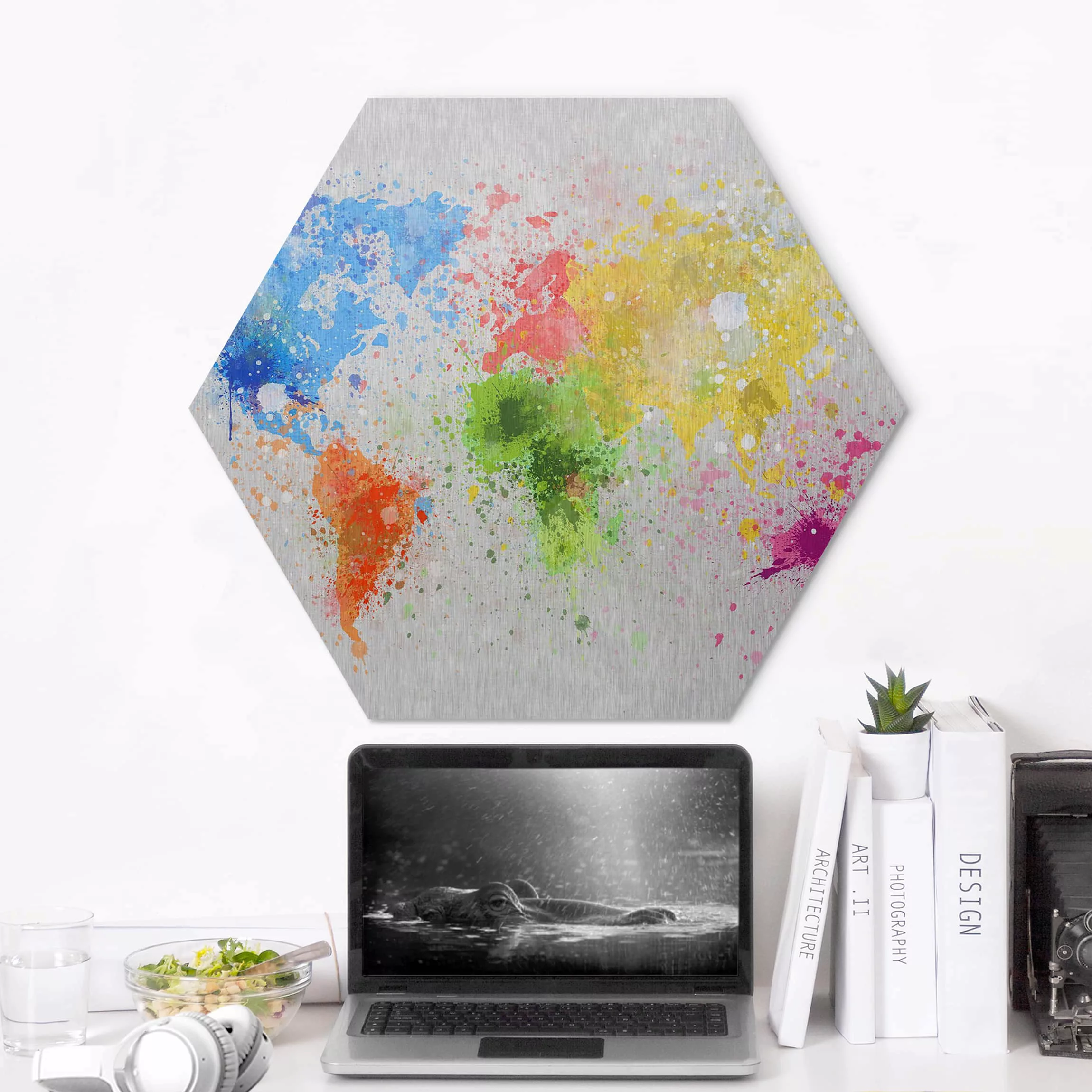 Hexagon-Alu-Dibond Bild Kunstdruck Bunte Farbspritzer Weltkarte günstig online kaufen