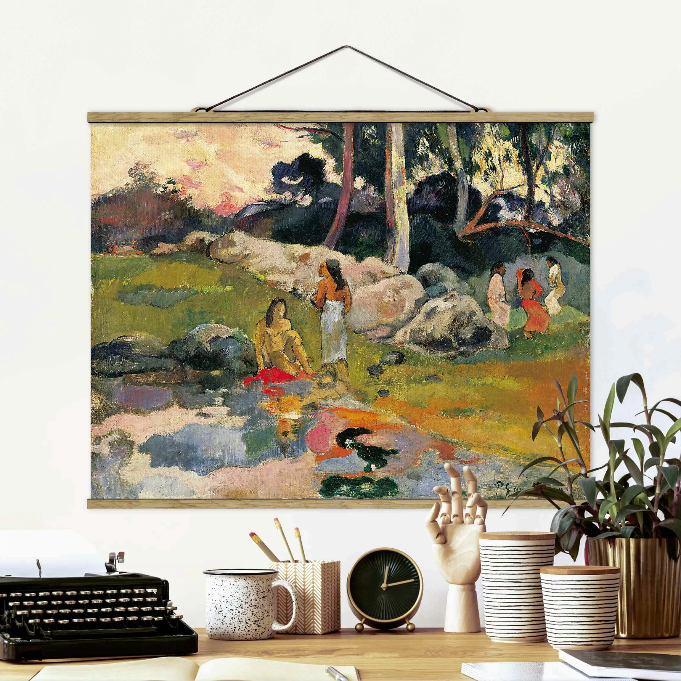 Stoffbild Kunstdruck mit Posterleisten - Querformat Paul Gauguin - Flussufe günstig online kaufen