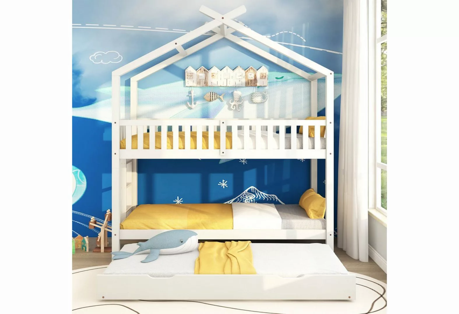 MODFU Kinderbett Jugendbett Hausbett (90x200cm Weiß ohne Matratze), Platzsp günstig online kaufen