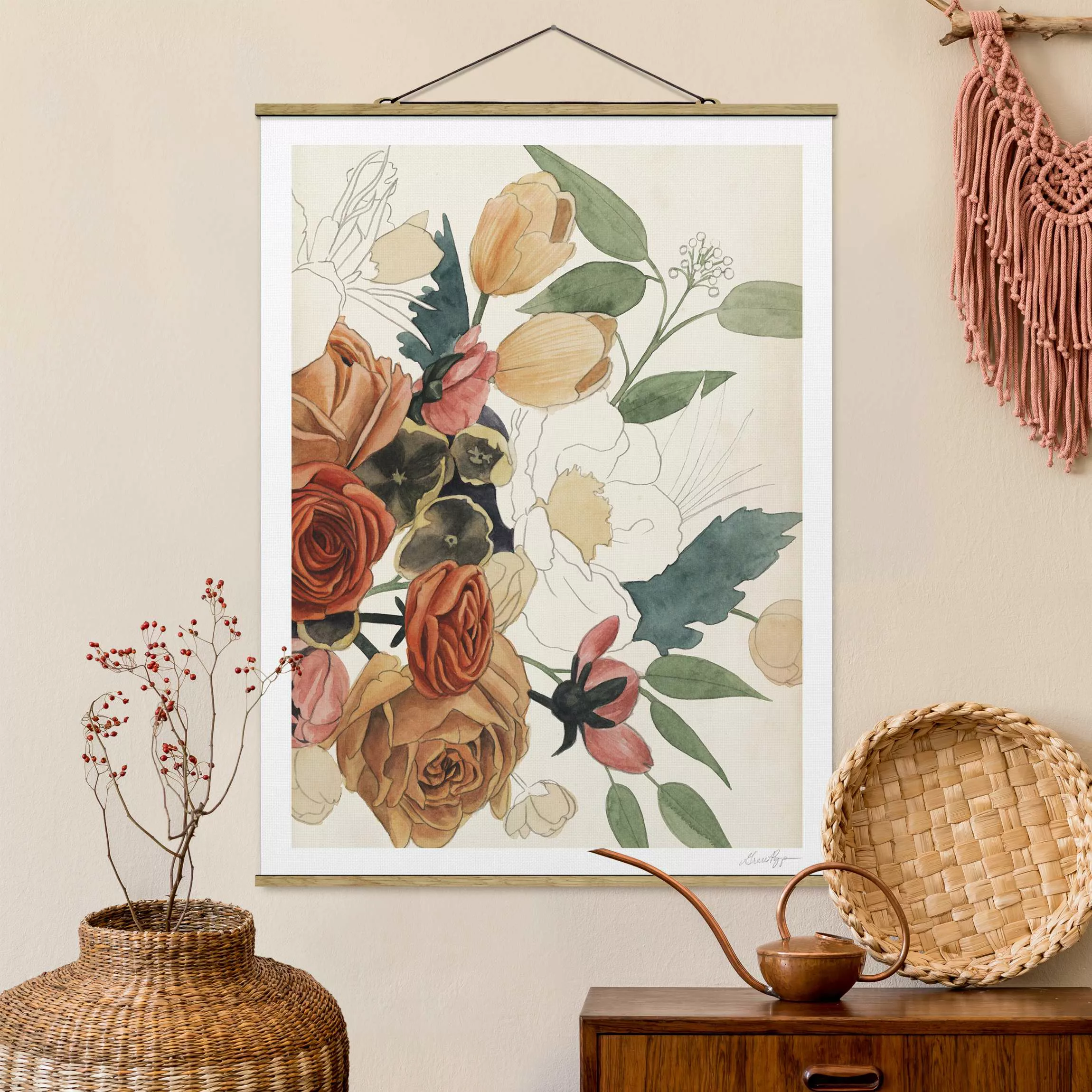 Stoffbild Blumen mit Posterleisten - Hochformat Zeichnung Blumenbouquet in günstig online kaufen