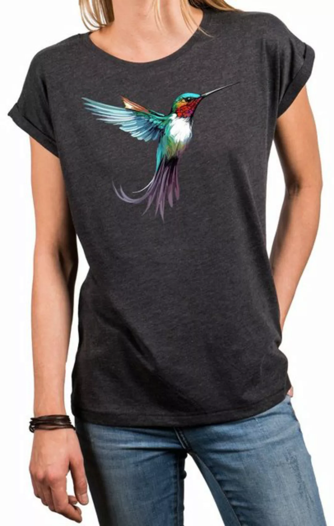 MAKAYA Print-Shirt Damen Kolibri Motiv Sommer Top Druck Vogel Kurzarmshirt günstig online kaufen